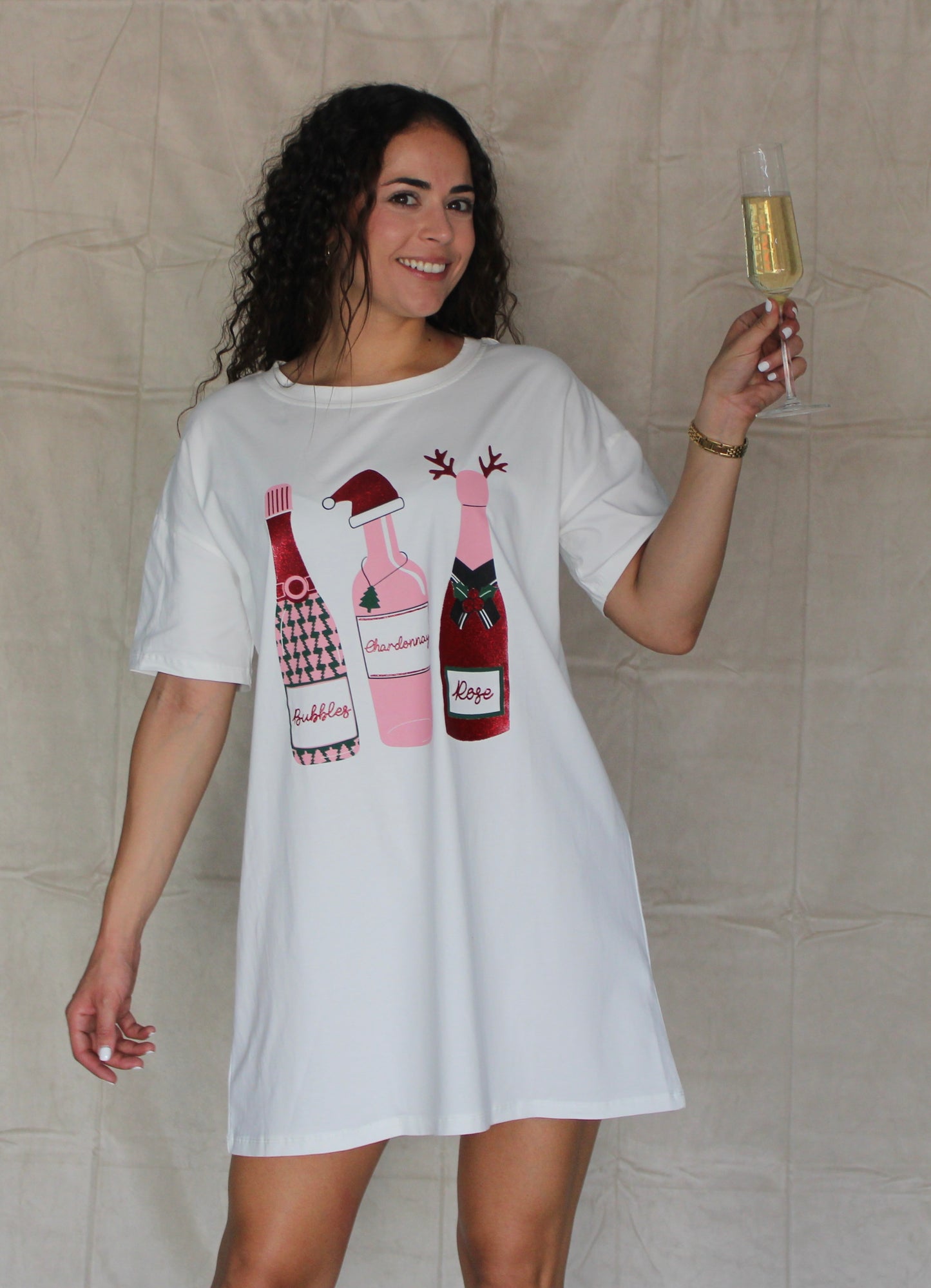 Christmas Wine Bottle Tee Shirt Dress