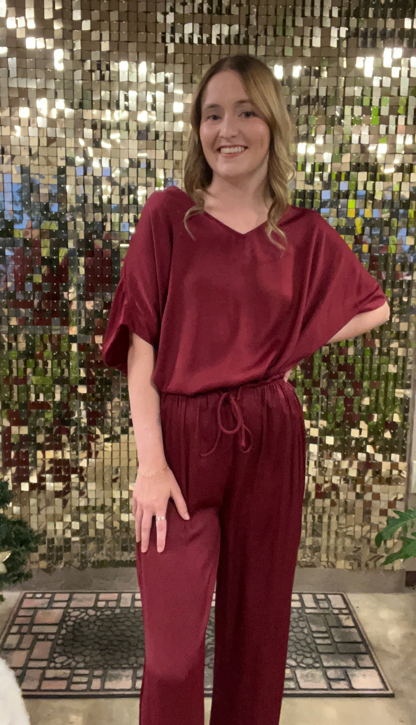 Burgundy Sweet Treat Drawstring Straight Leg Satin Pants