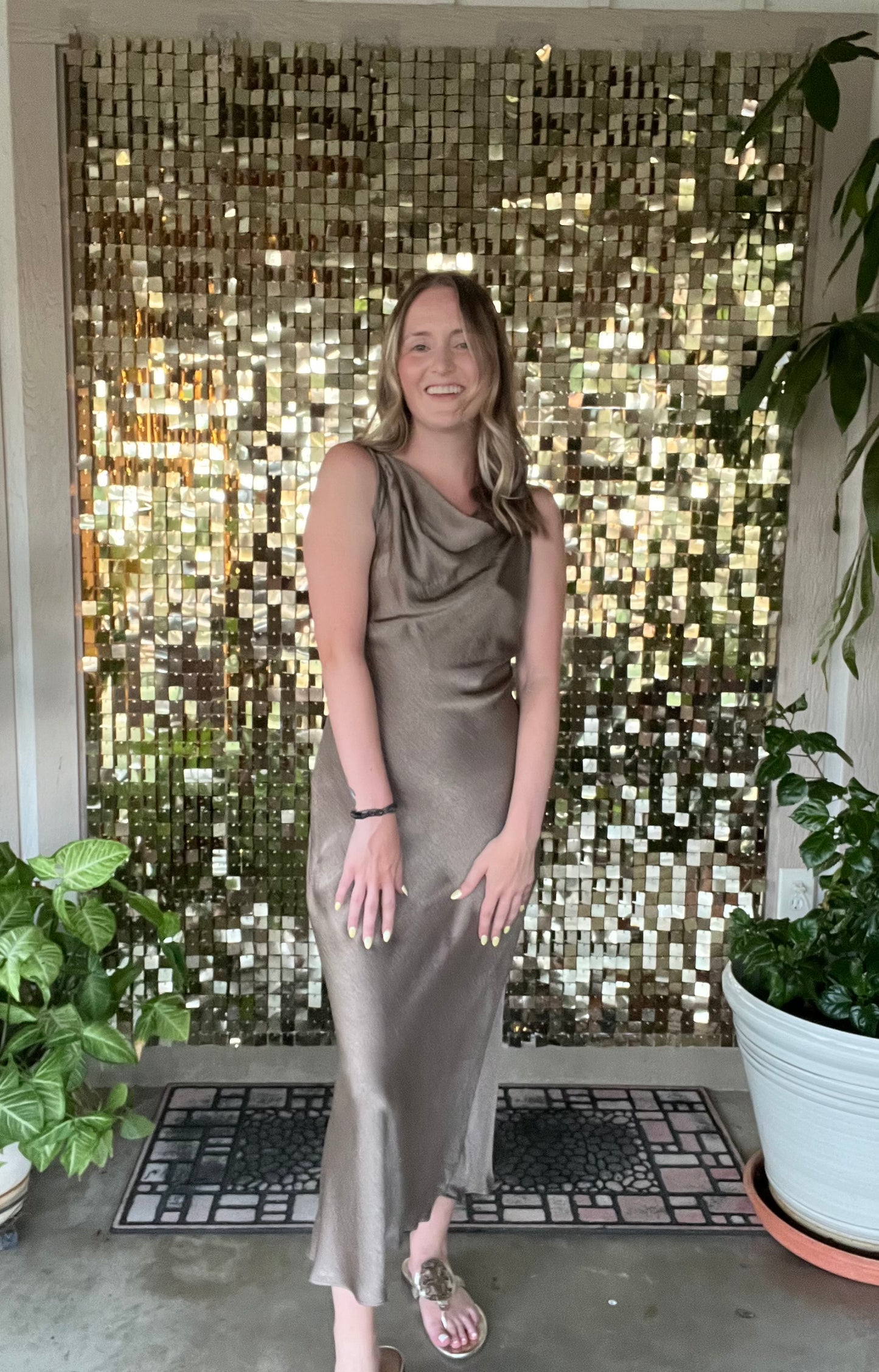 Mocha Satin High Cowl Neck Midi Dress