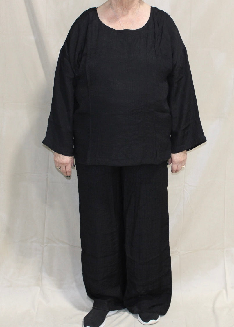 Plus Black Linen Long Sleeve Top