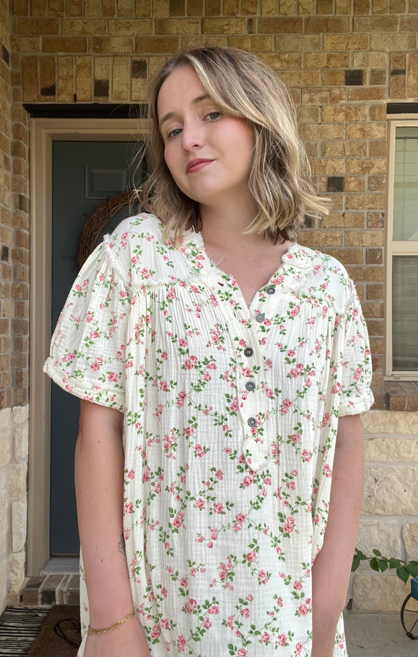 White Short Sleeve Cotton Floral Printed Dress