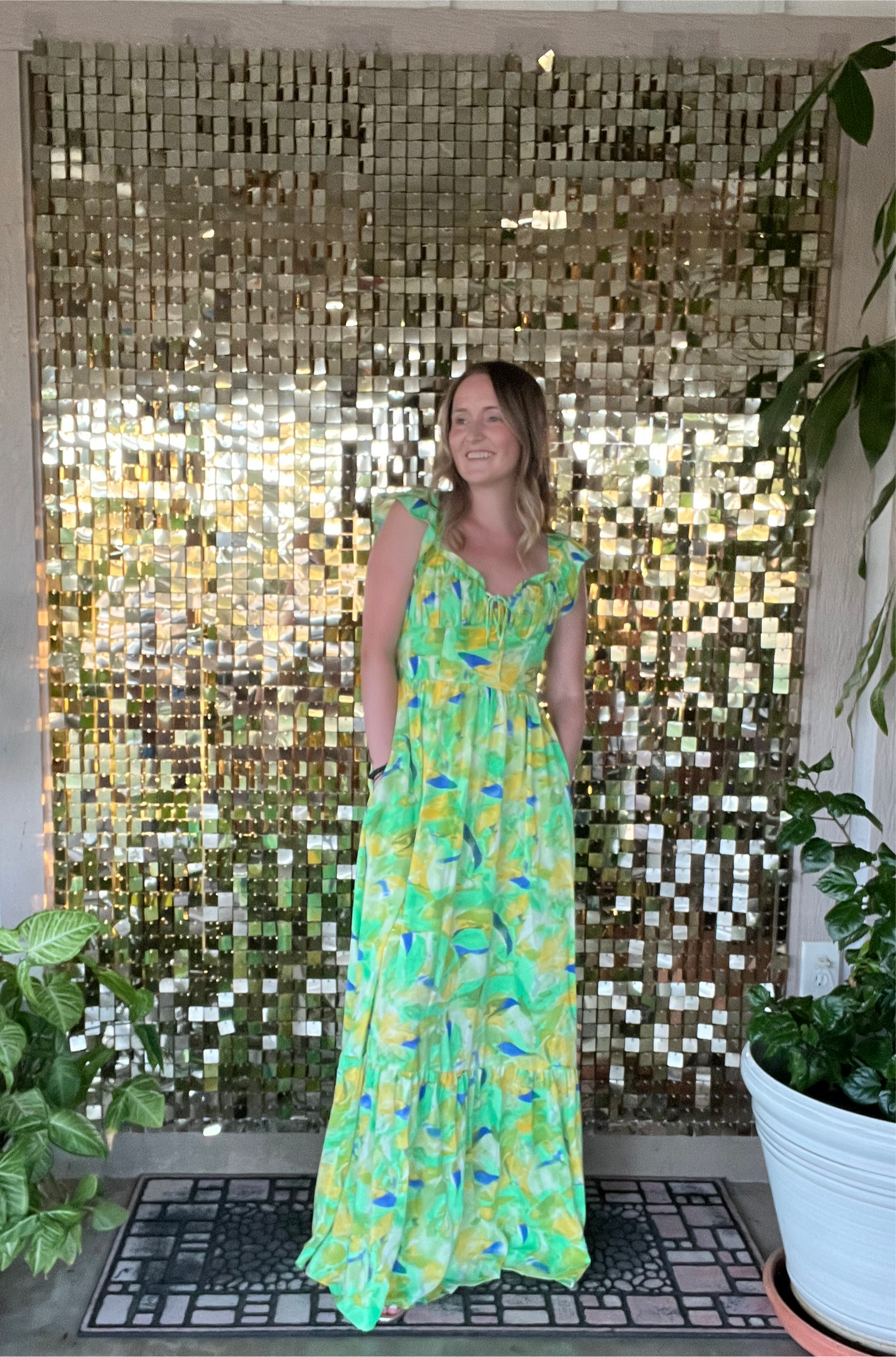 Green Paint Stroke Baby Doll Maxi Dress