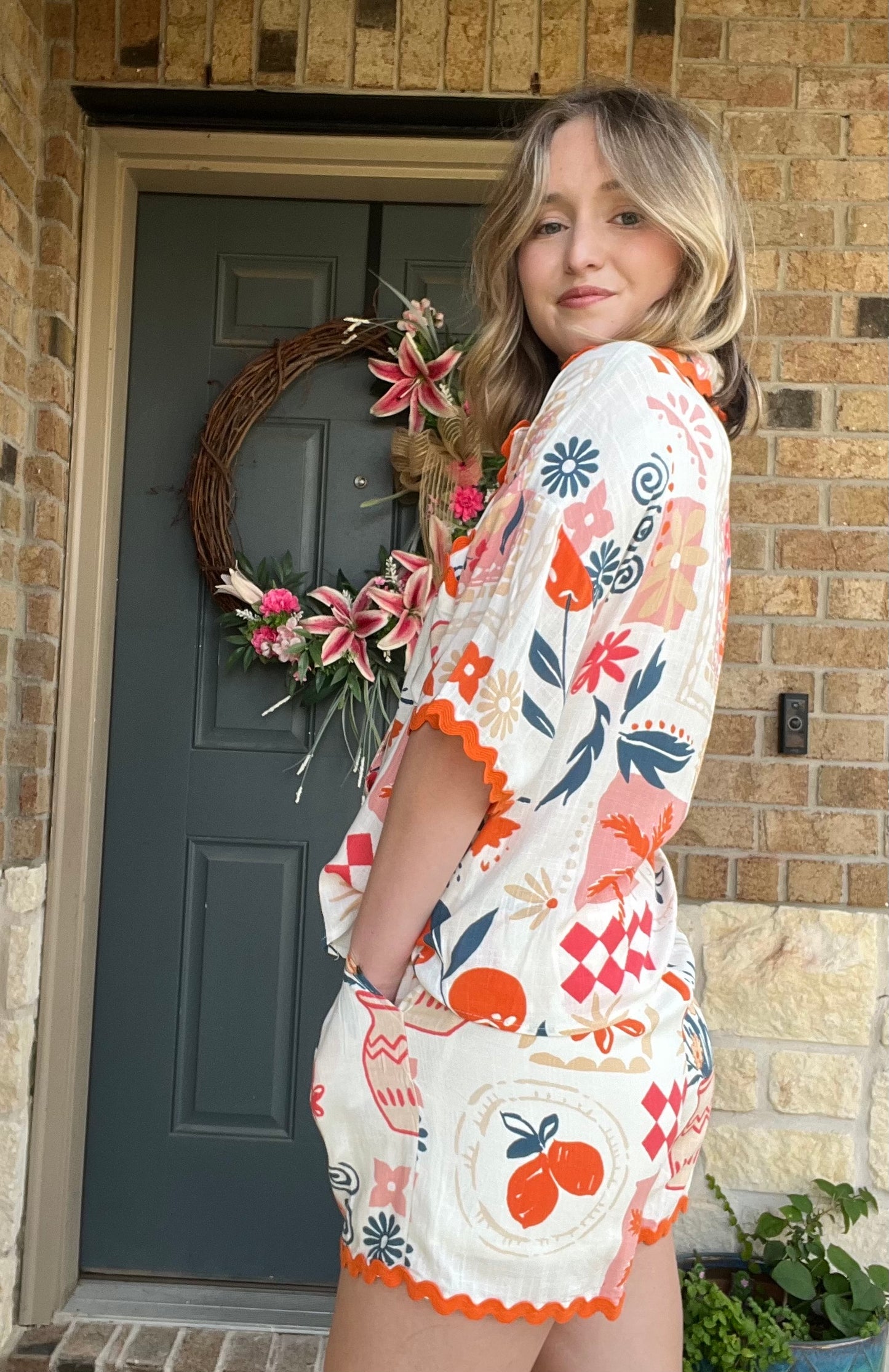 Orange Floral and Fruit Print Wavy Trim Drawstring Shorts