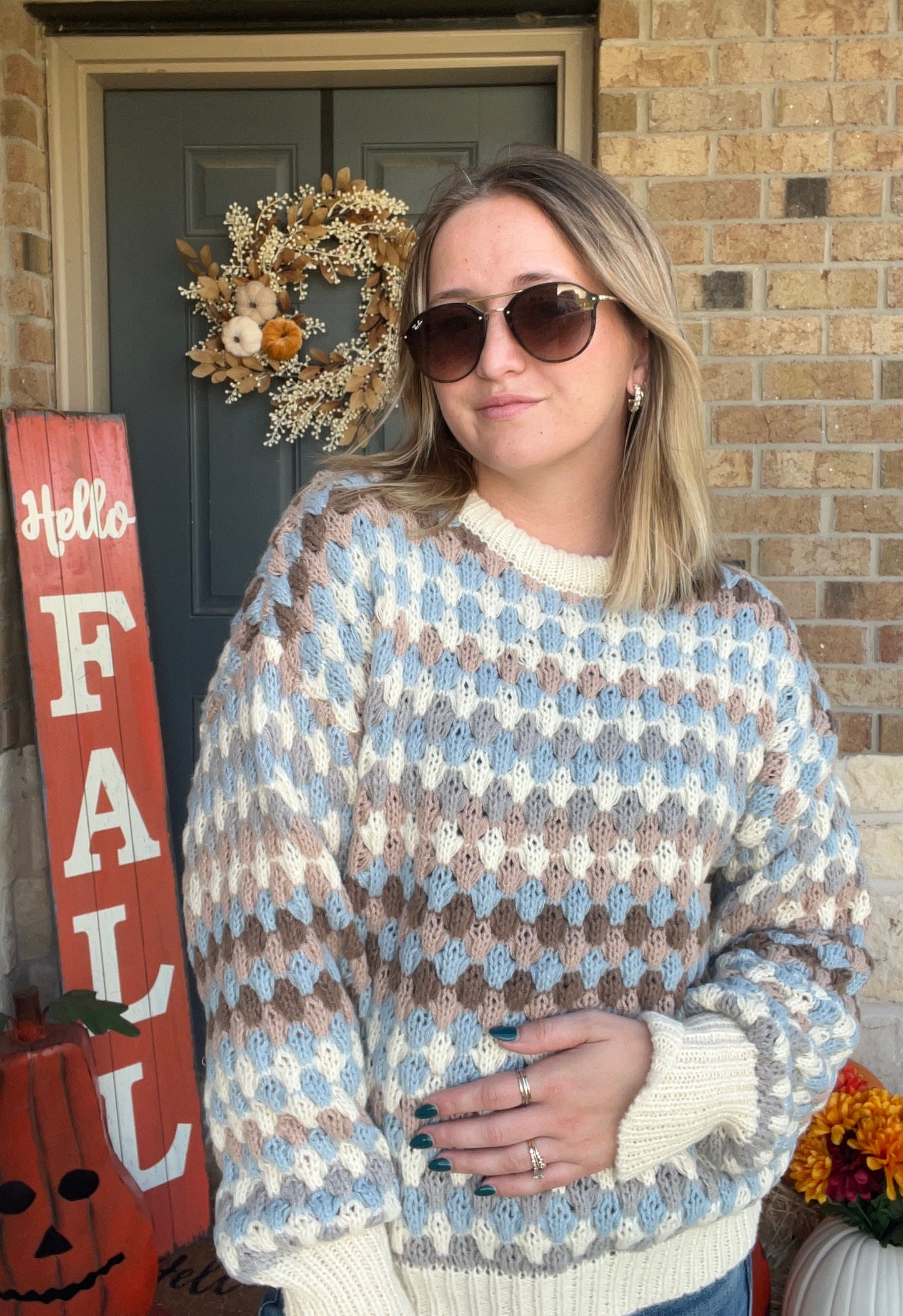 Cream and Blue Multi Crochet Striped Sweater