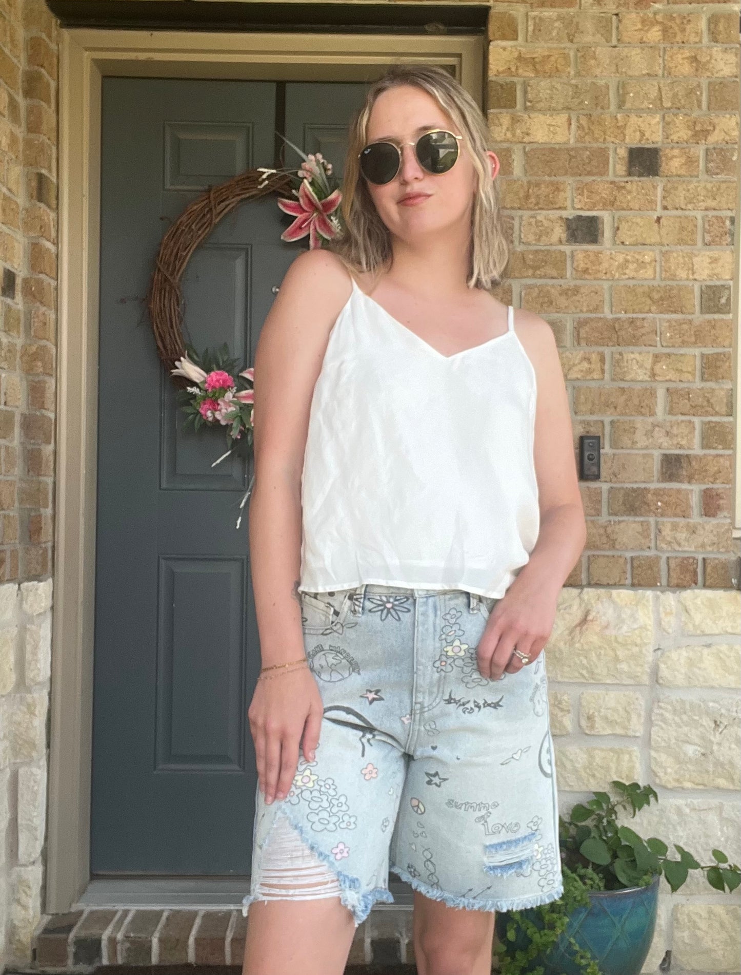 Washed Denim Hippie Printed Long Denim Shorts