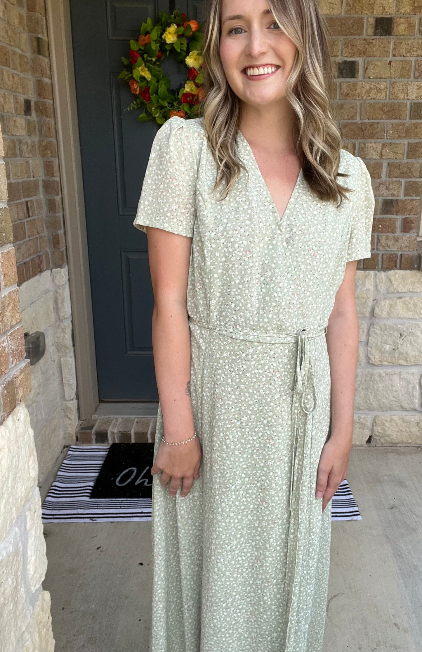 Light Green Floral Waist Tie Wrap Dress
