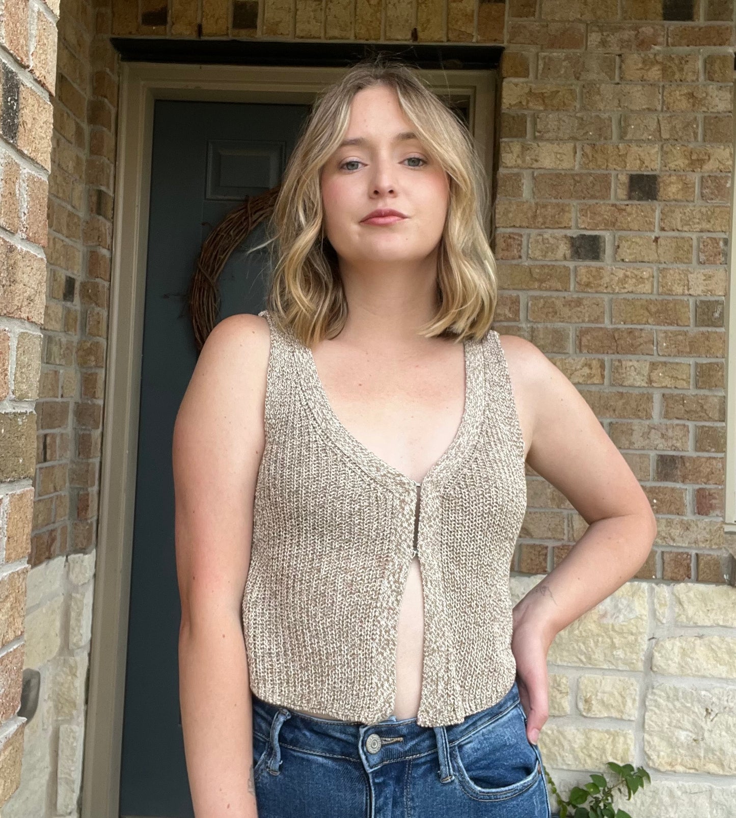 Taupe Front Hook Cropped Knit Cardigan Vest