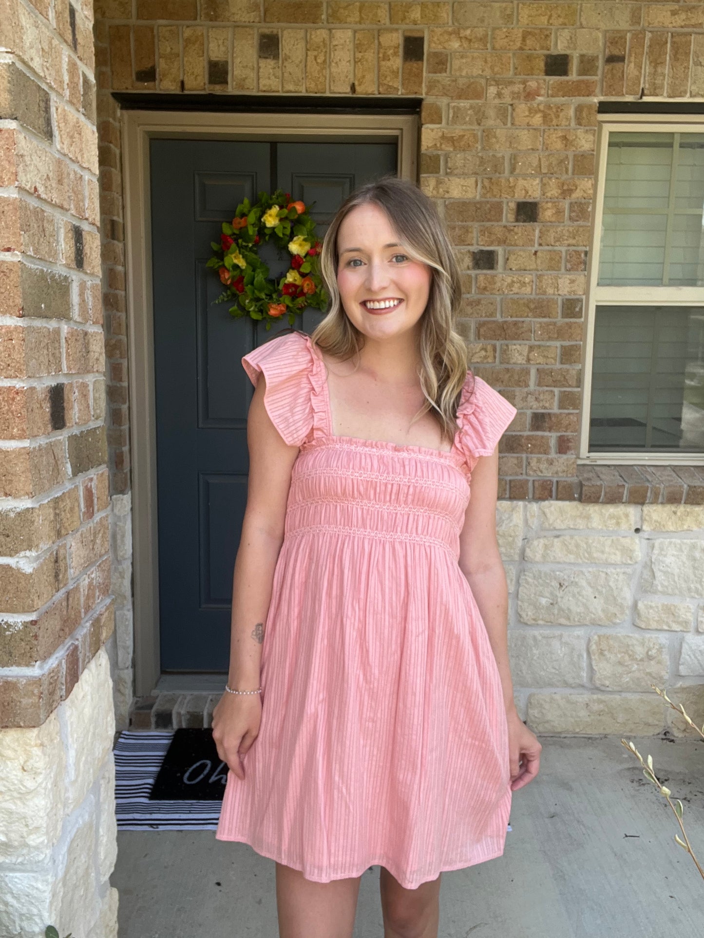Light Pink Smocked Square Neck Dress
