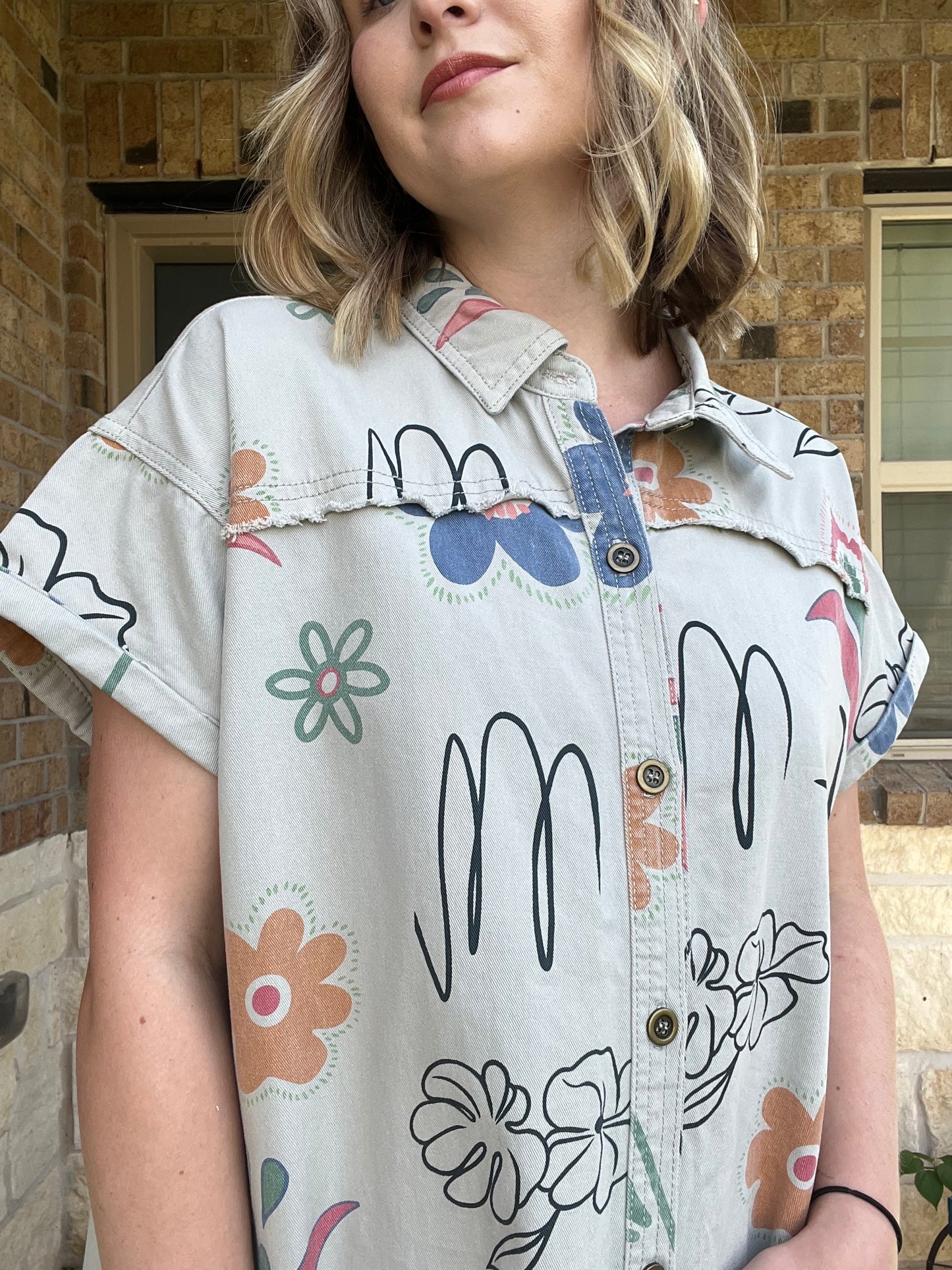 Grey Denim Short Sleeve Printed Button Down Dress