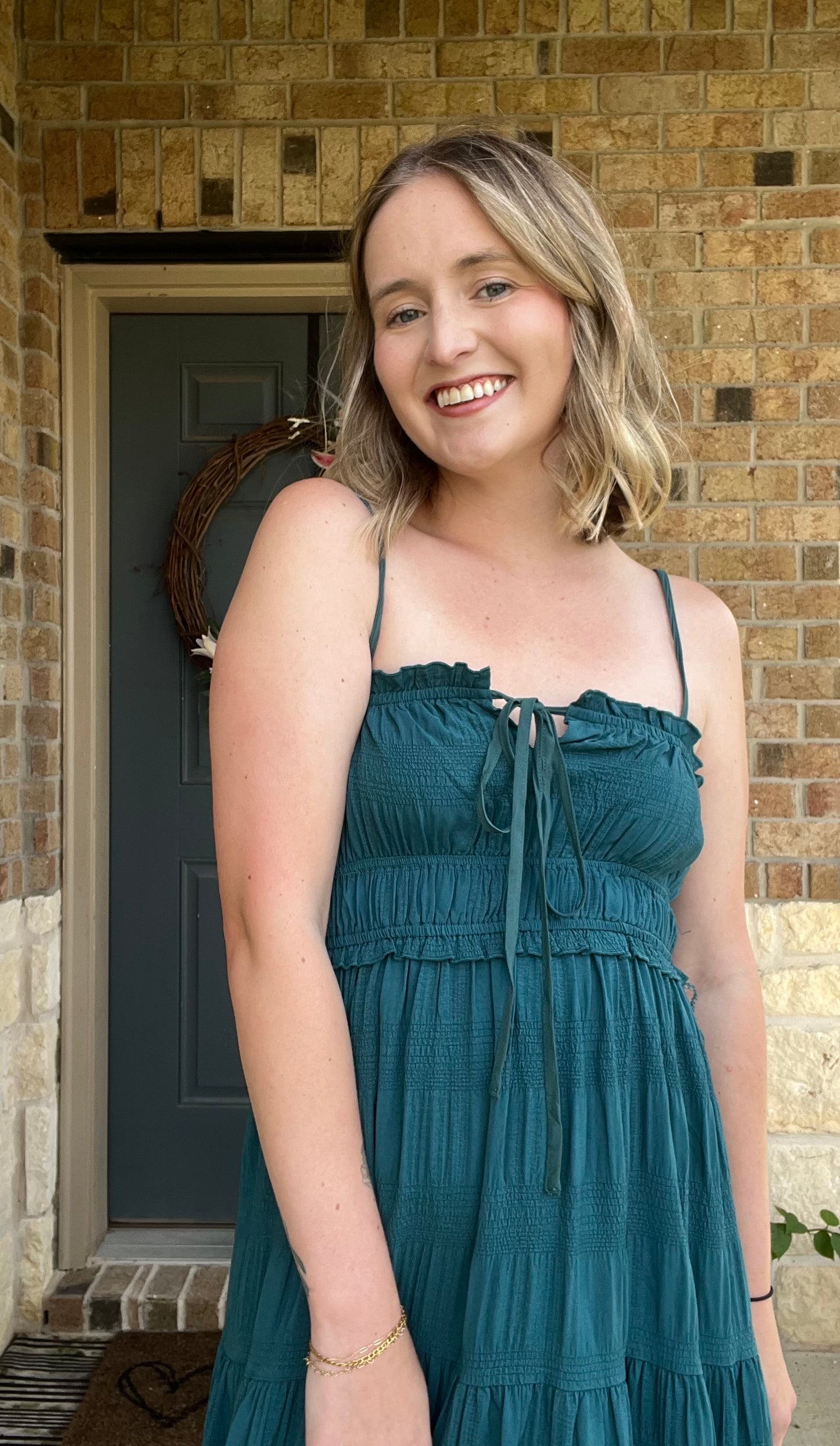 Emerald Green Tiered Sleeveless Tie Front Maxi Dress