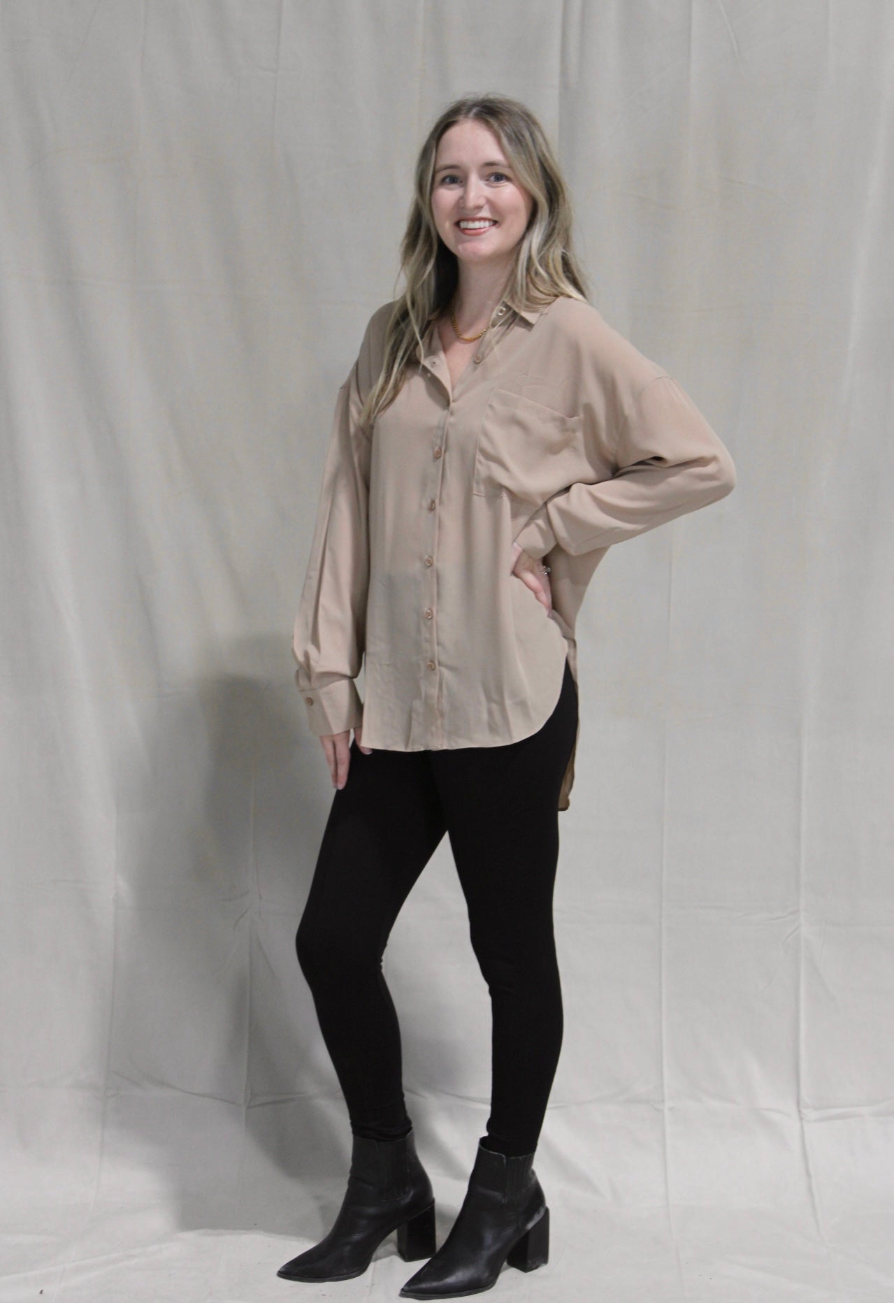 Camel Button Down Top
