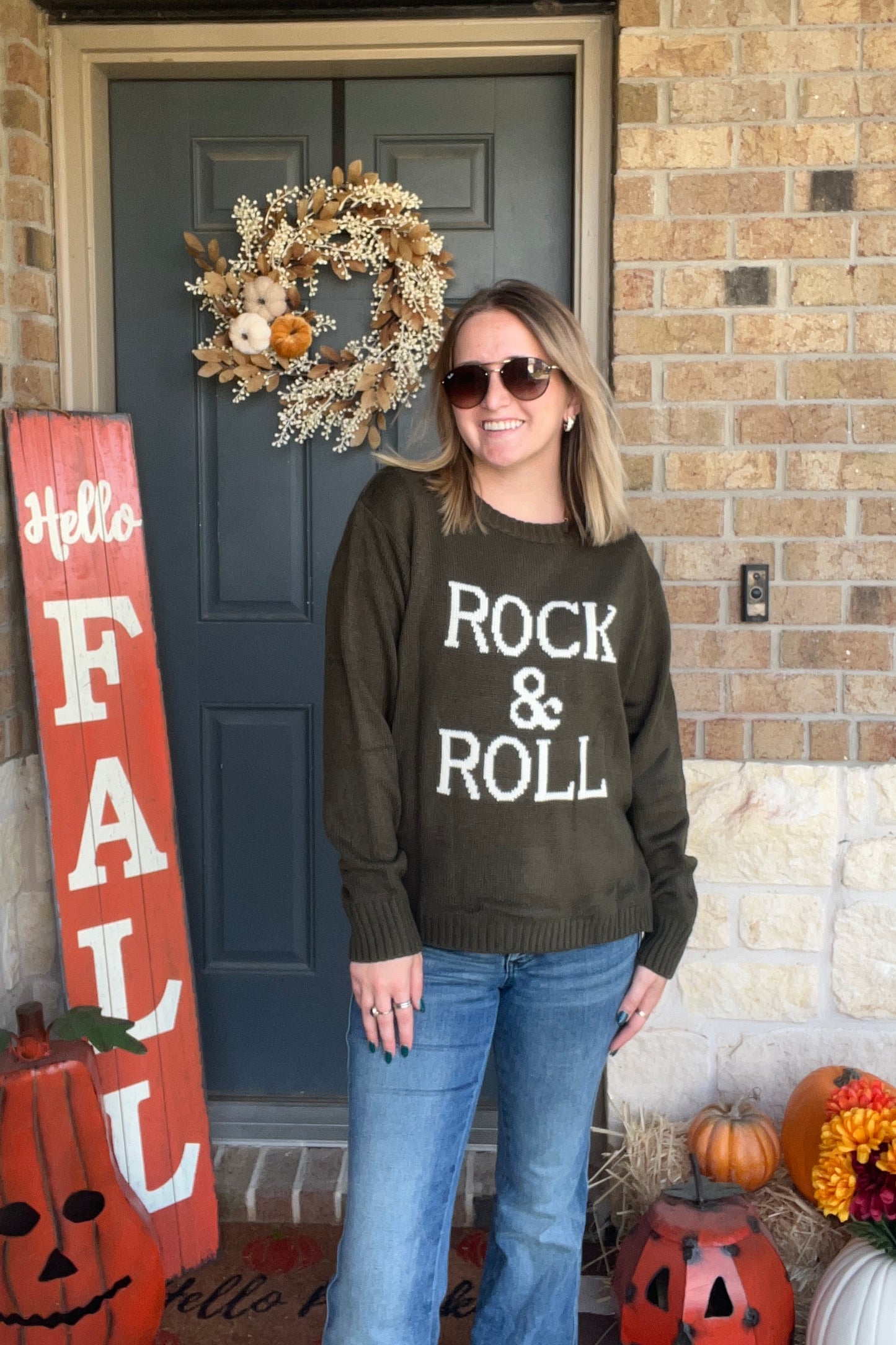 Olive Rock & Roll Stitch Crewneck Sweater