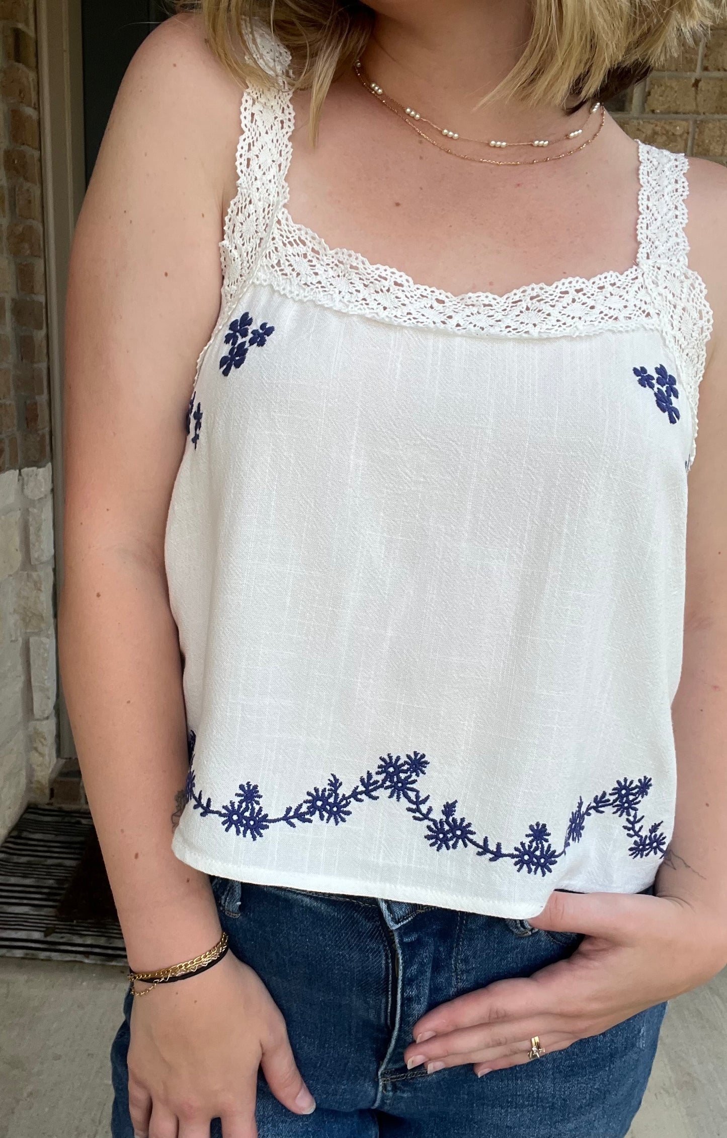 White Timeless Embroidered Lace Tank Top