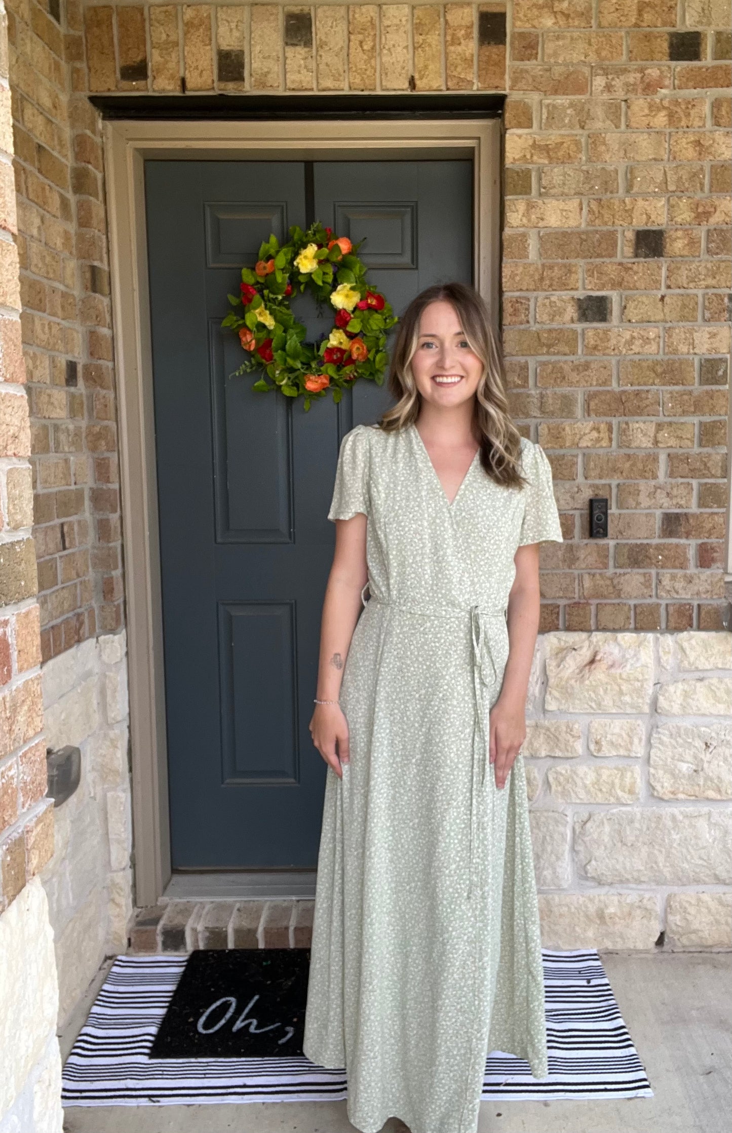 Light Green Floral Waist Tie Wrap Dress