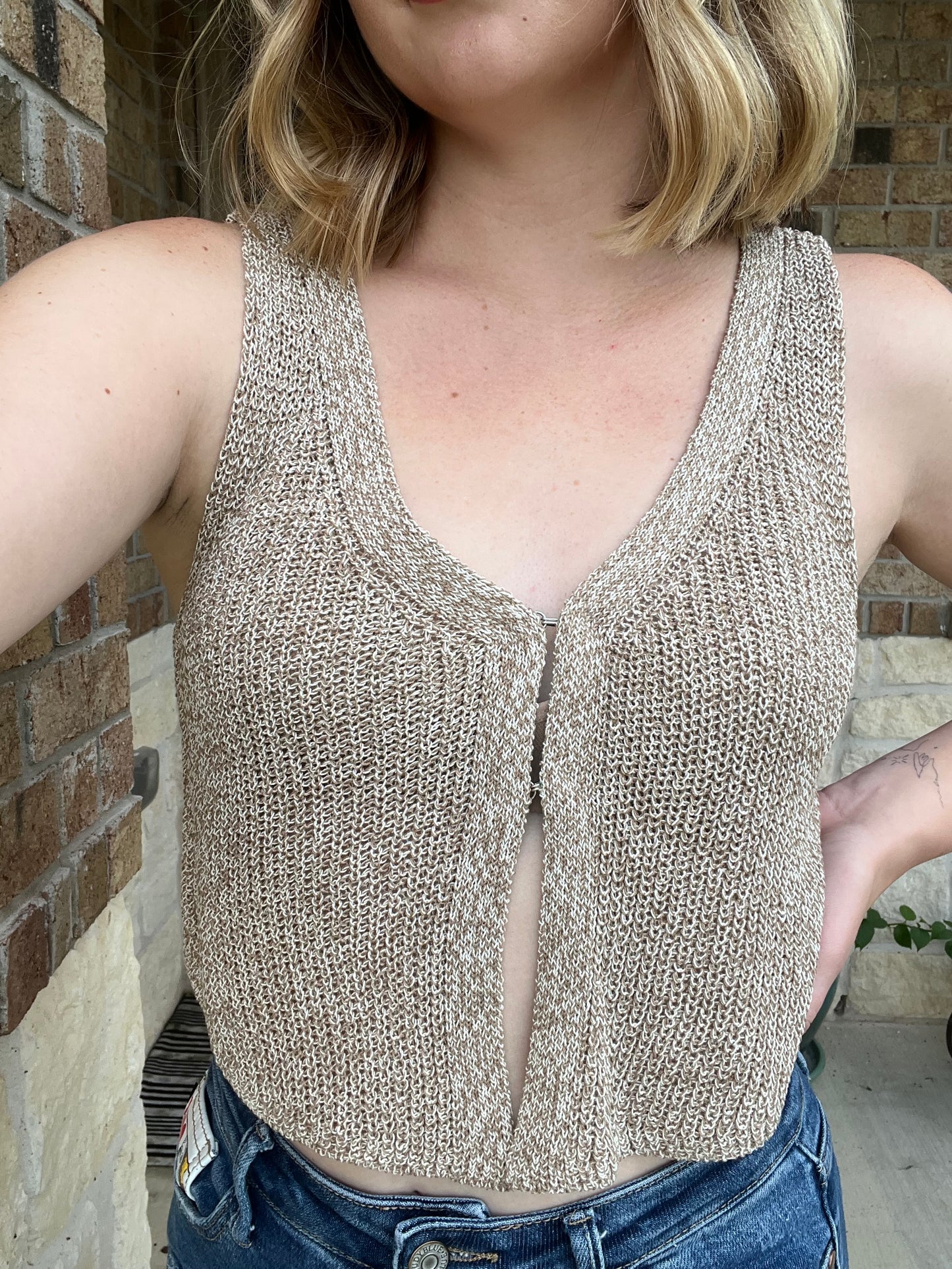 Taupe Front Hook Cropped Knit Cardigan Vest