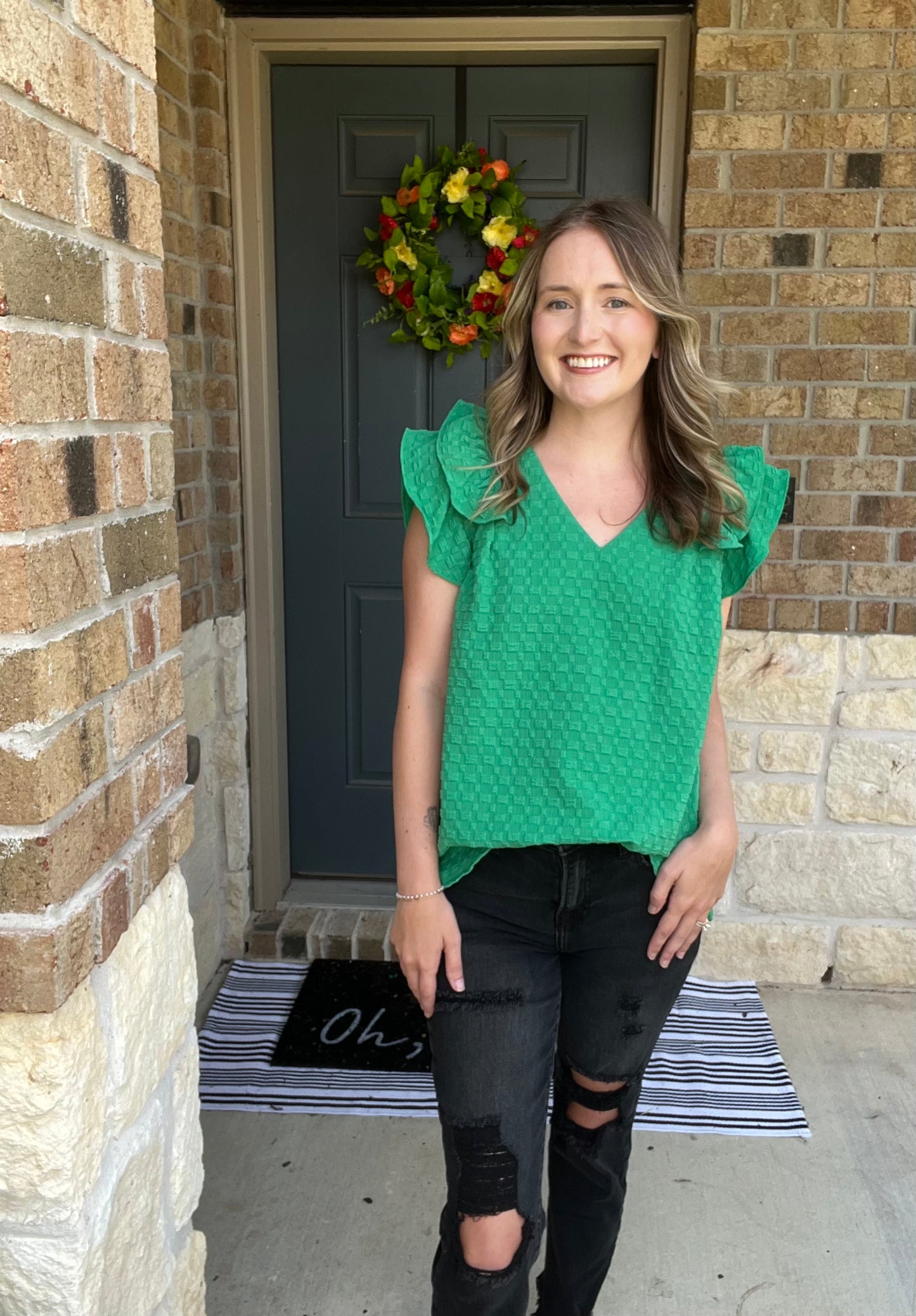 Kelly Green Checker Pattern Ruffle Sleeve Top