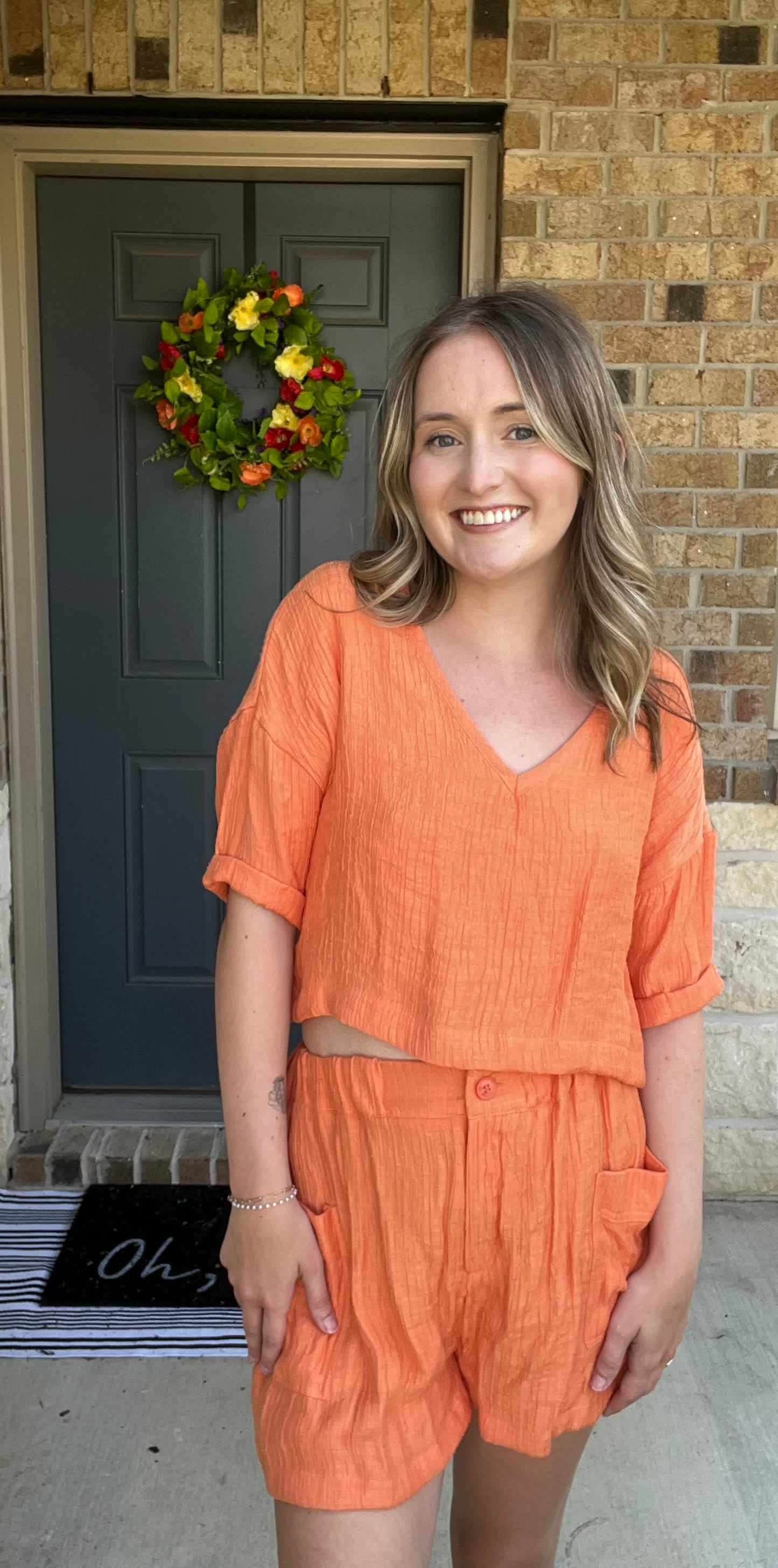 Orange Linen V-Neck Cropped Top