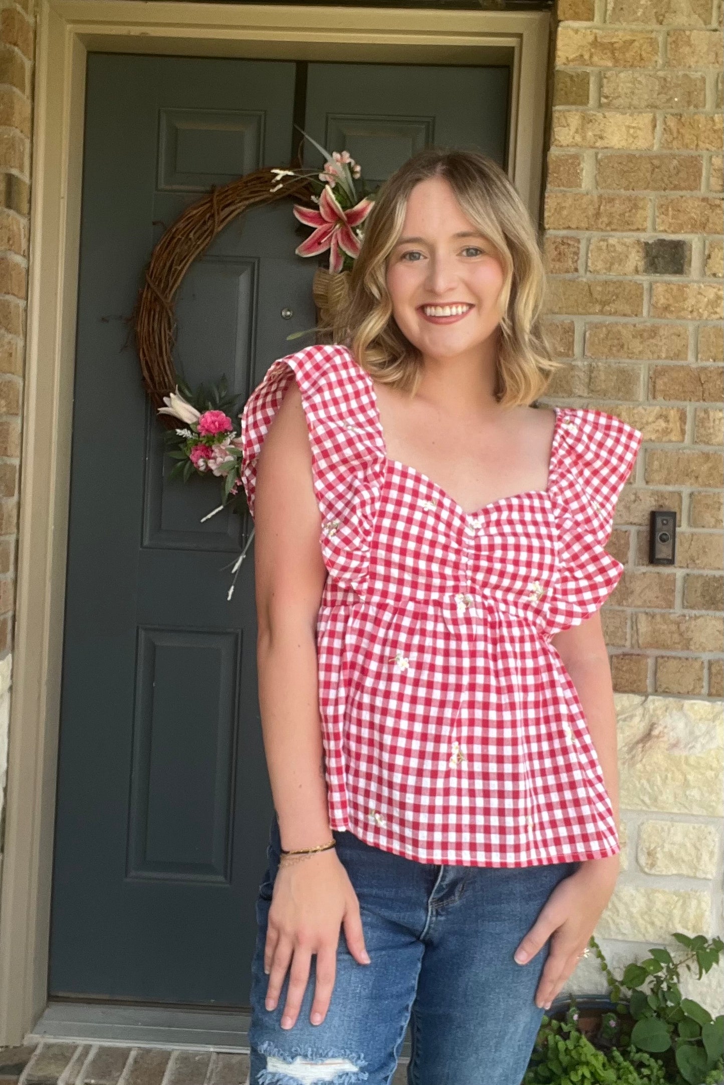 Red Gingham Floral Print Sleeveless Top