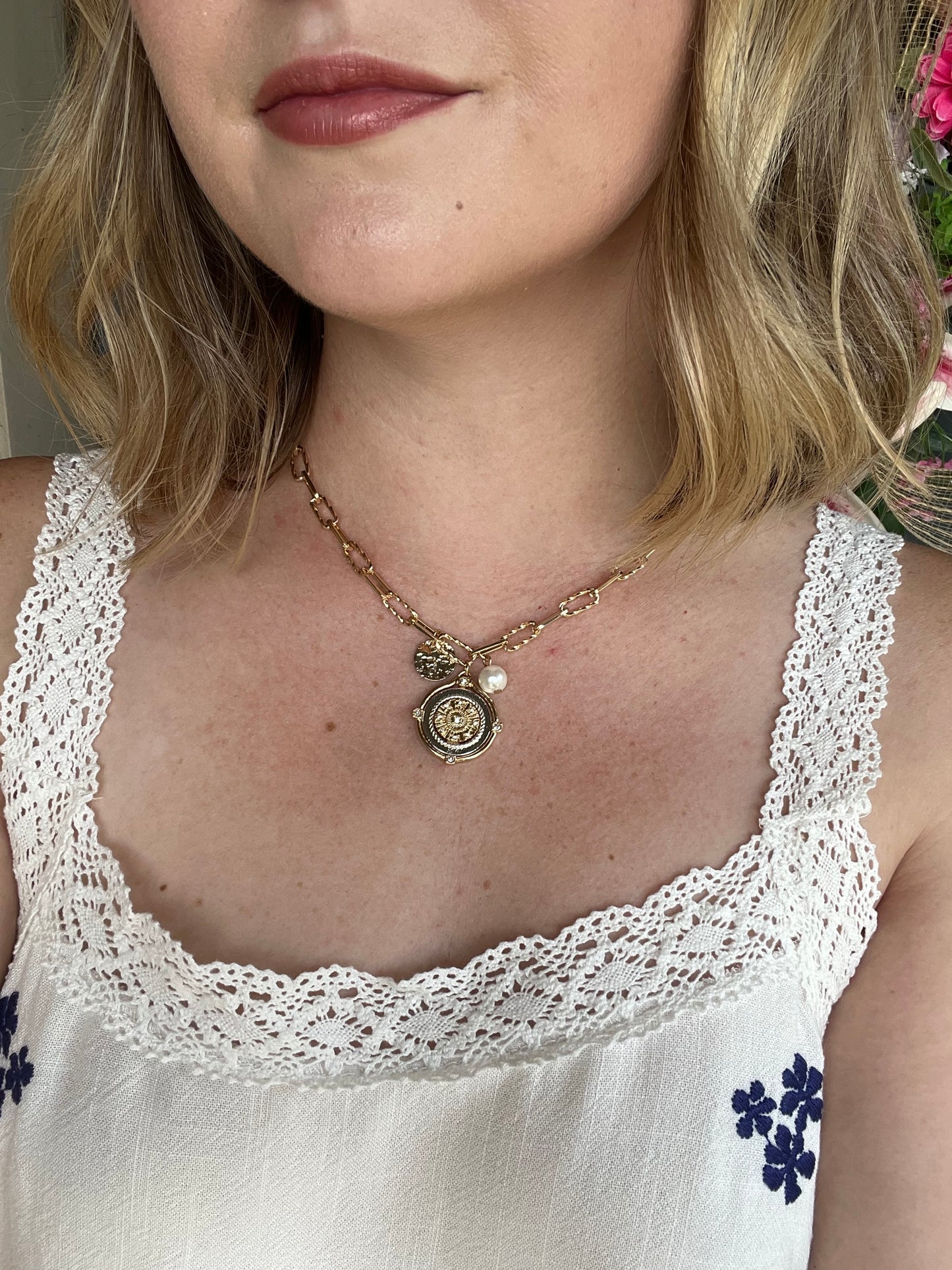 Gold Chain Necklace with Two Tone Coin and Pearl Charms