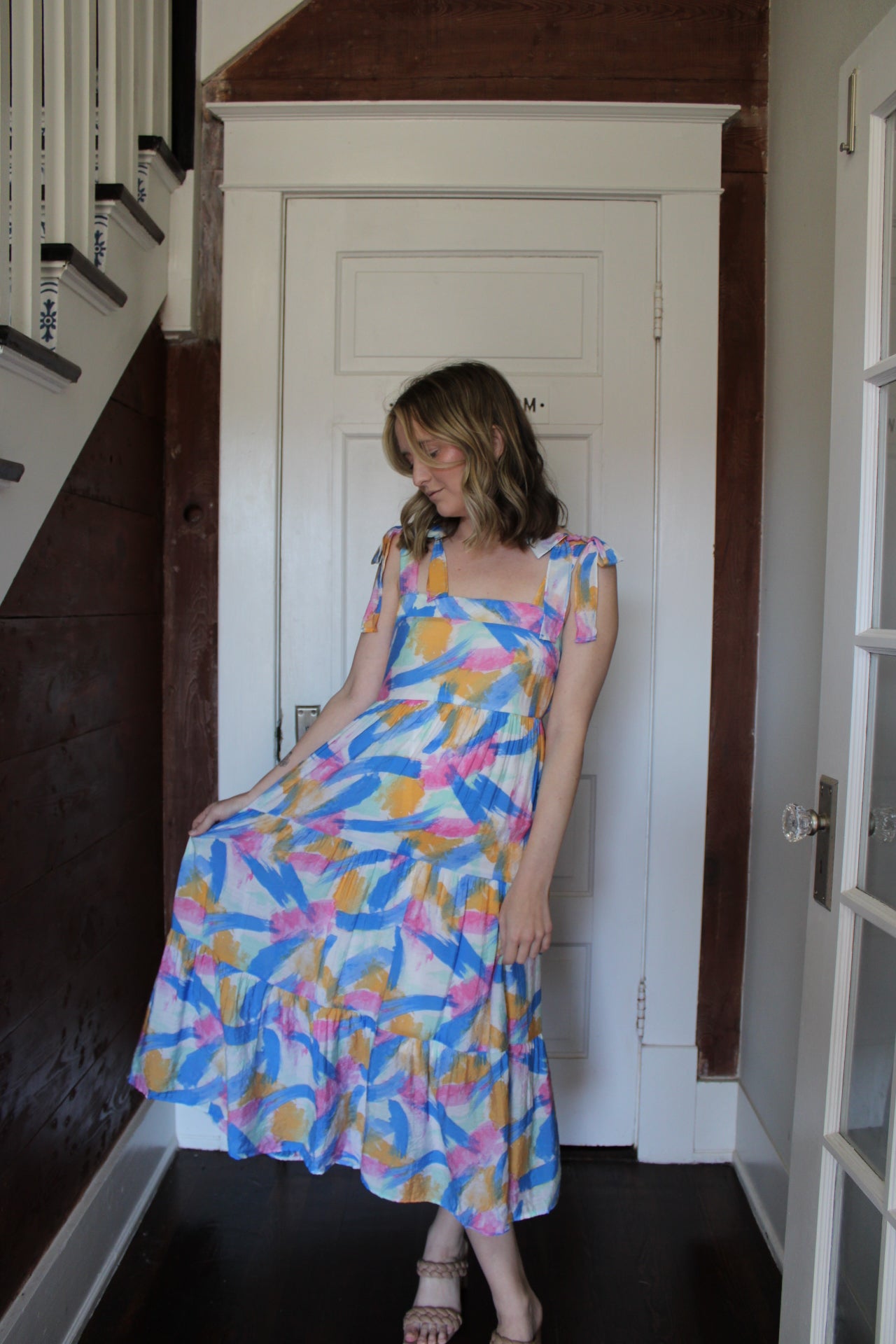 Blue Brush Stroke Ruffle Sleeve Midi Dress