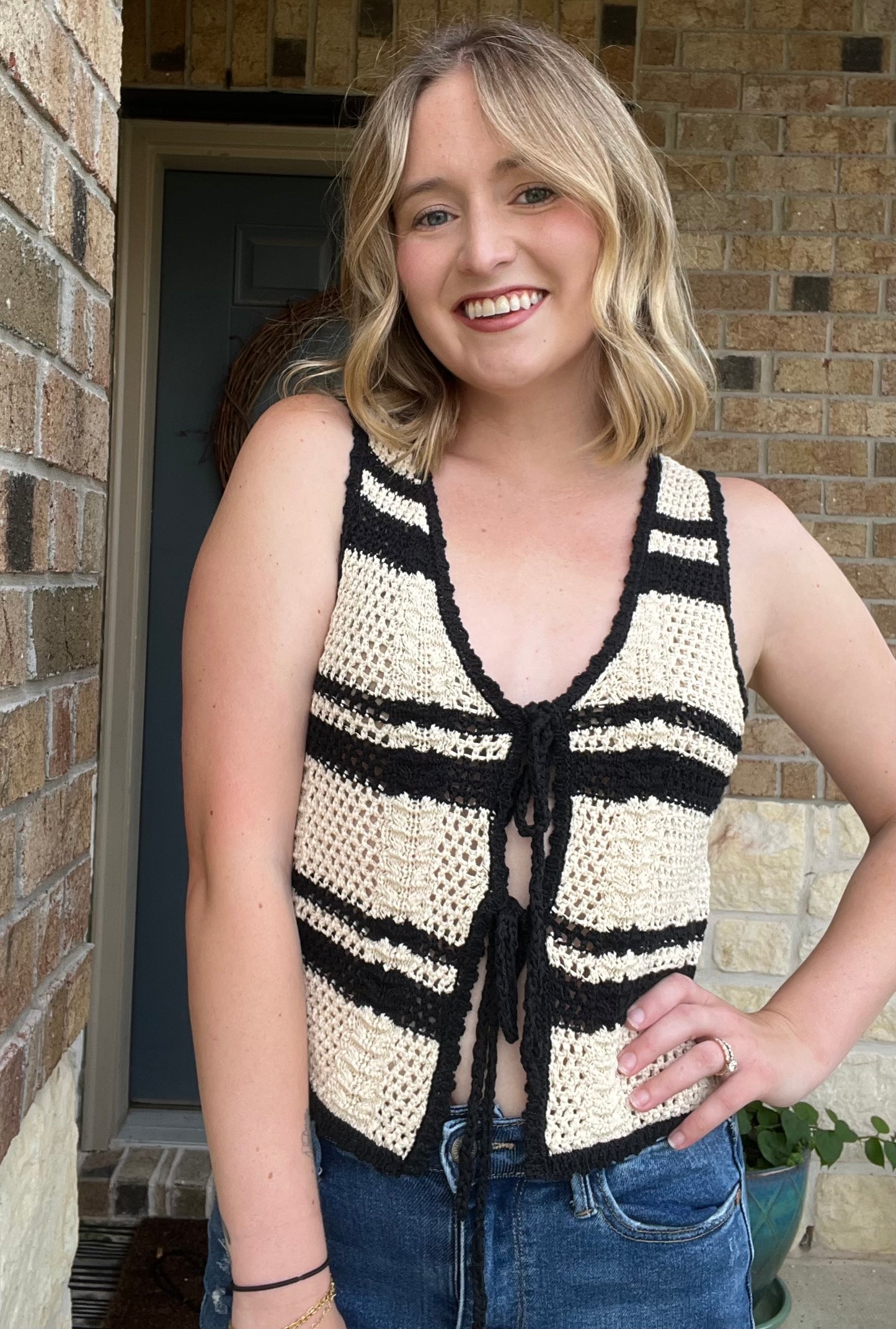 Natural and Black Striped Crochet Knit Front Tie Vest