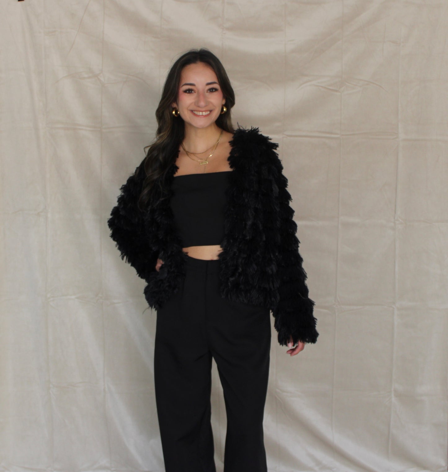 Black Fringe Sherpa Jacket