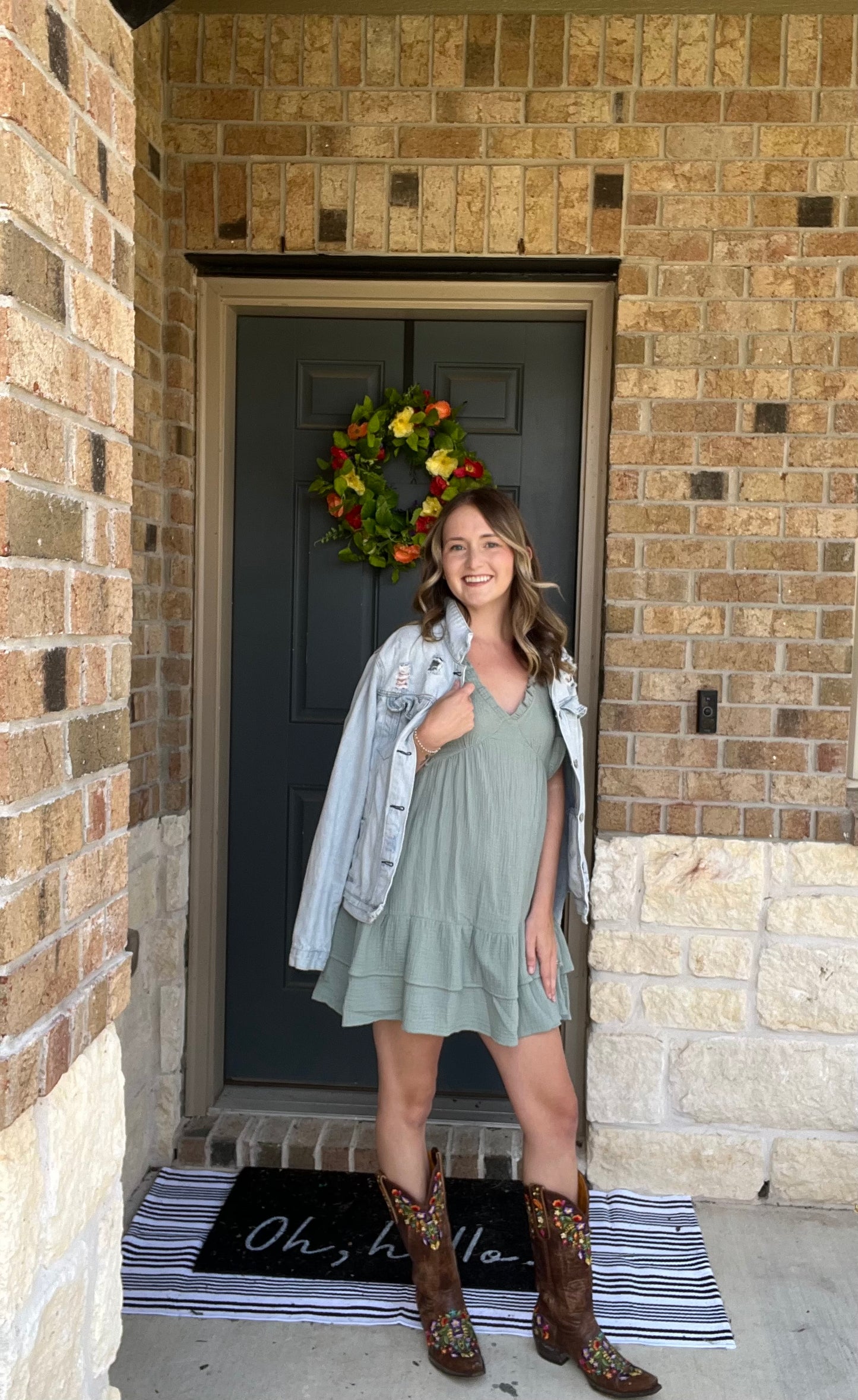 Sage Ruffle Cotton Sleeveless Dress