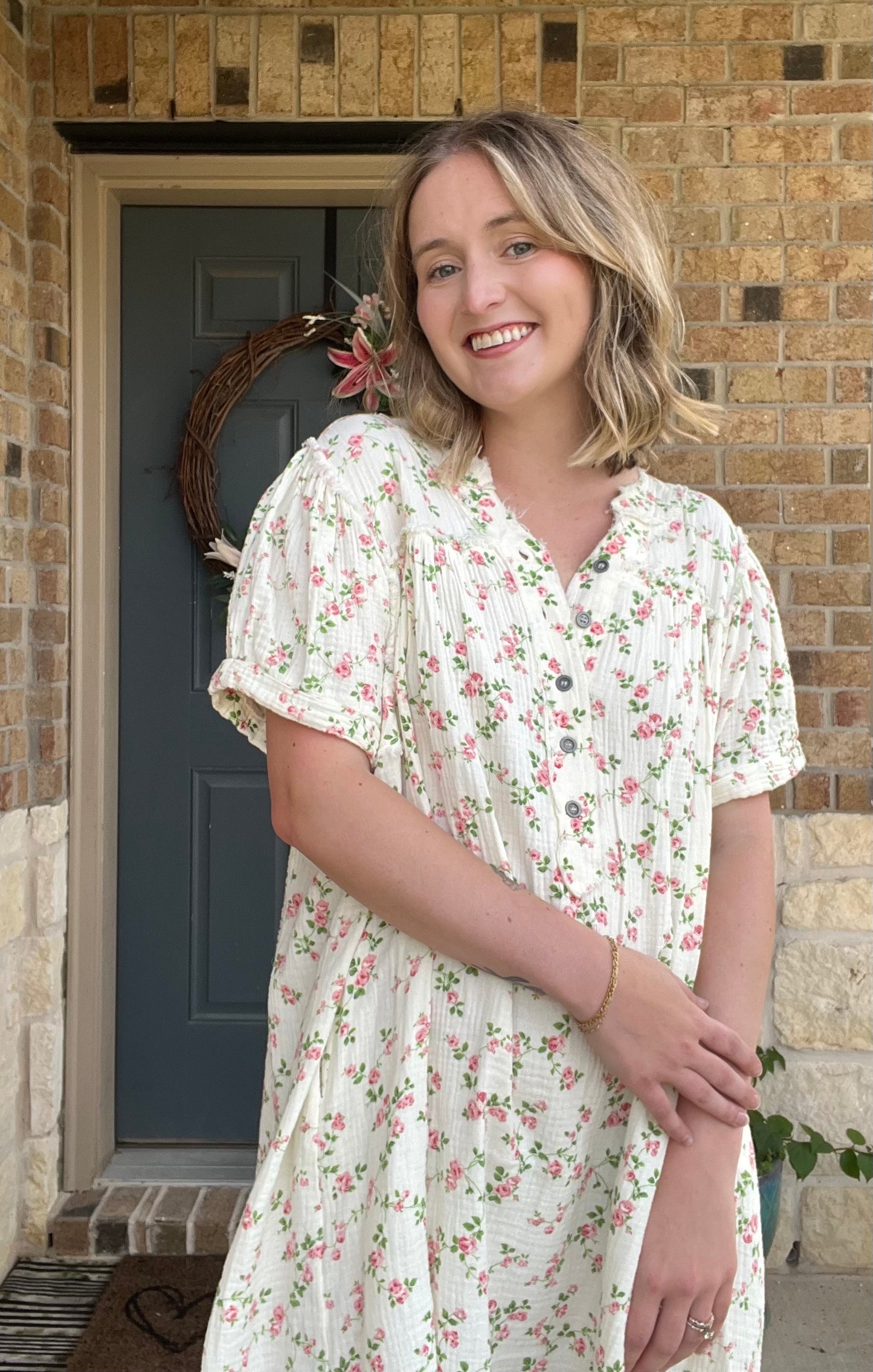 White Short Sleeve Cotton Floral Printed Dress
