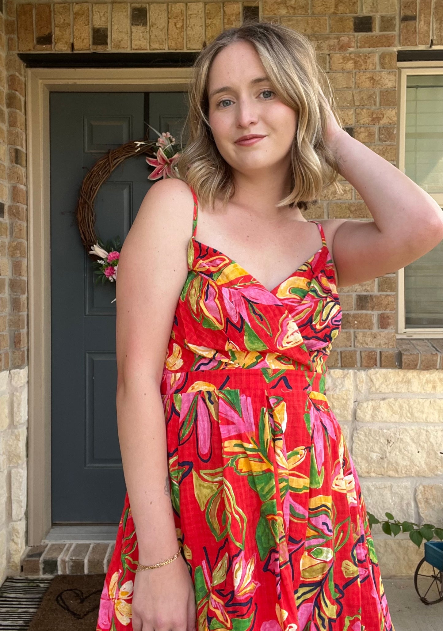Hot Coral Sleeveless Floral Wrap Dress