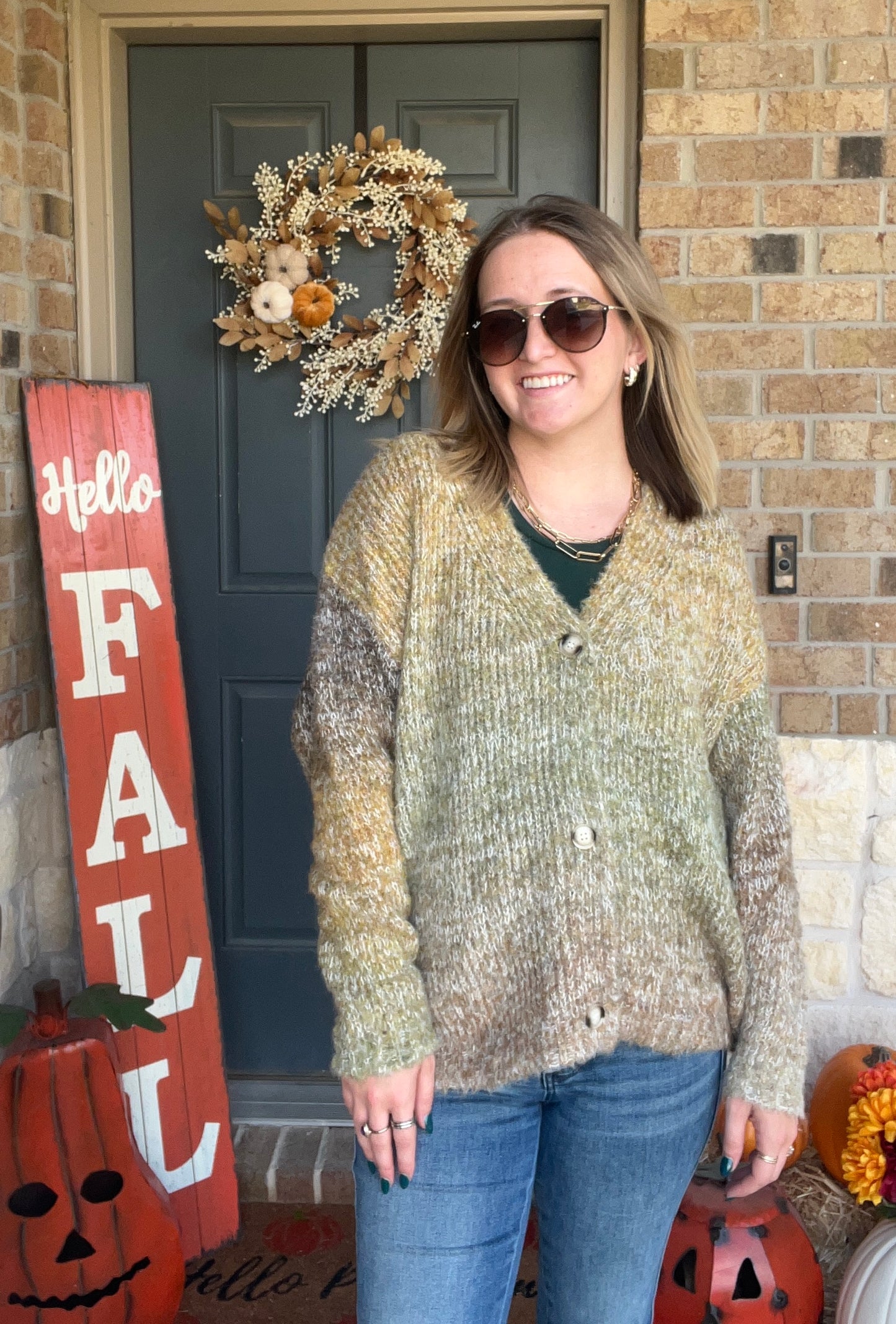 Olive Brown Smiley Ombre Fuzzy Knit Cardigan