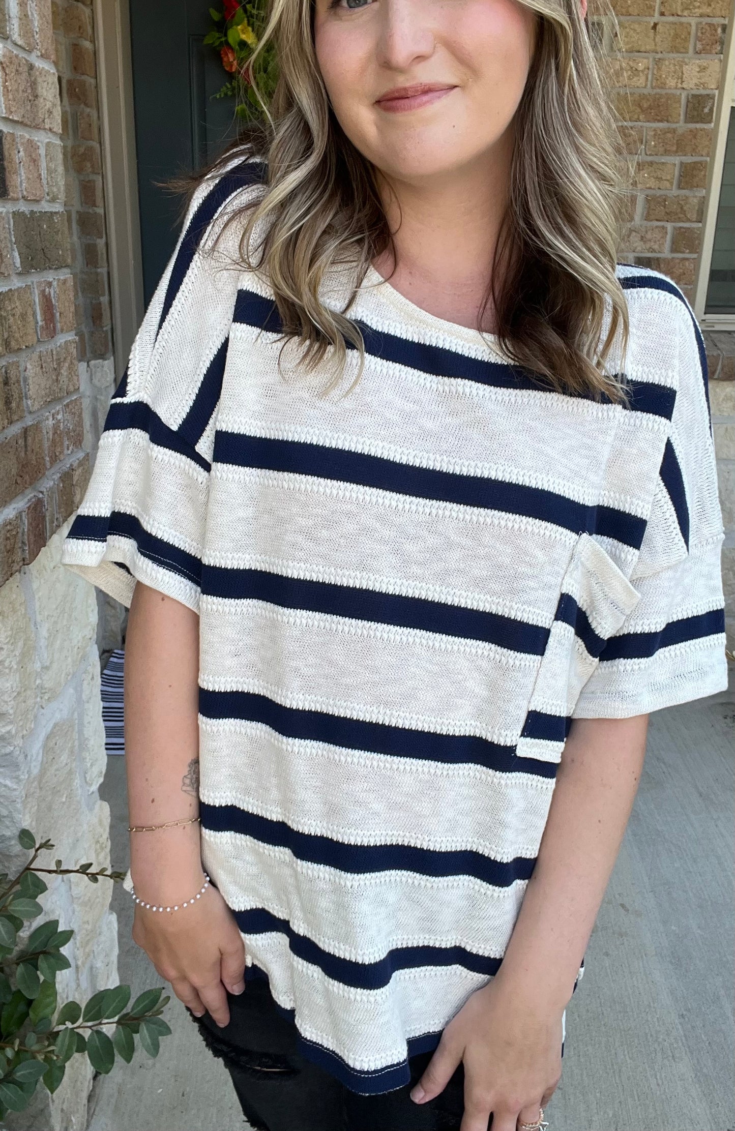 Navy and Cream Striped Knit Relaxed Tee