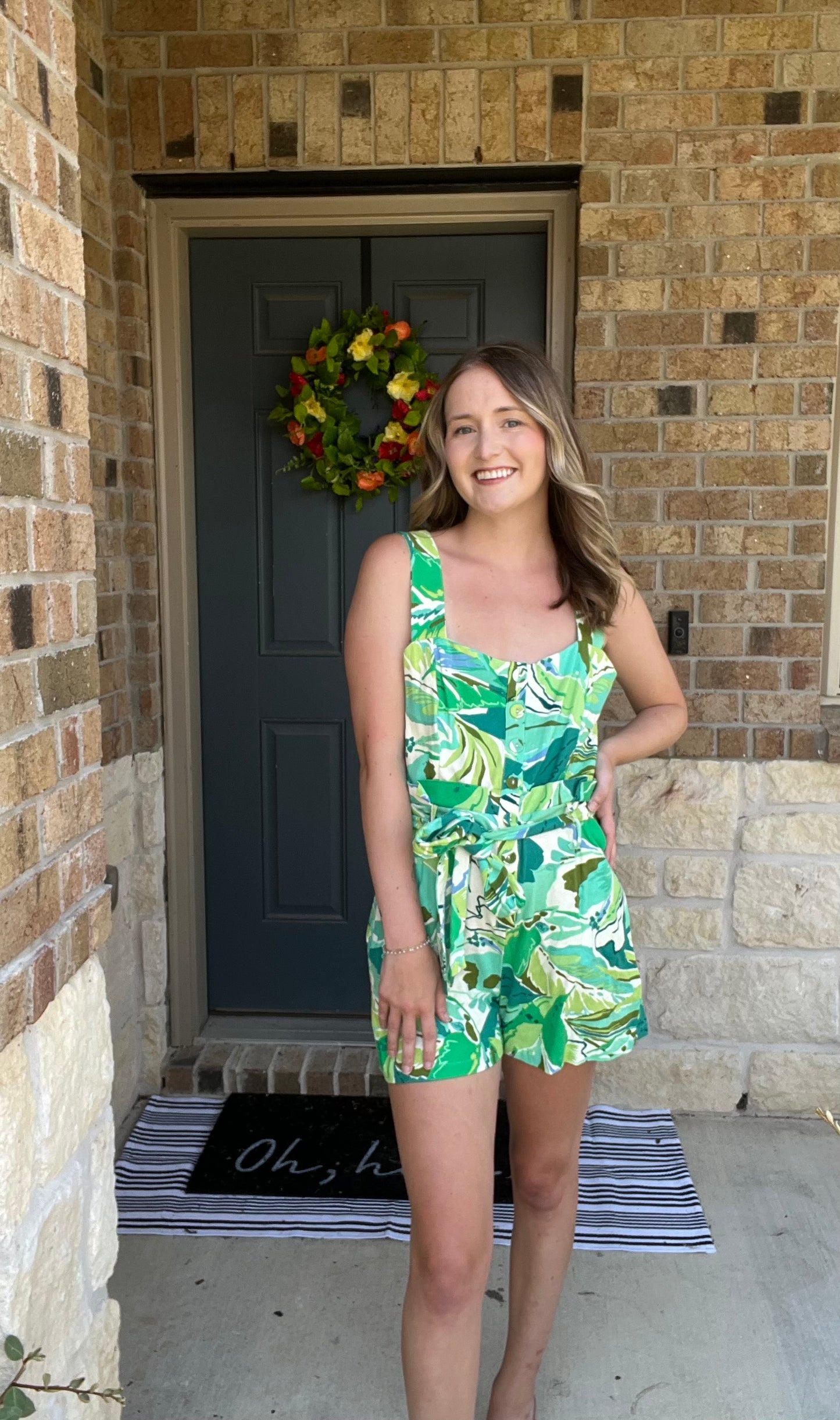 Green Tropical Button Down Romper