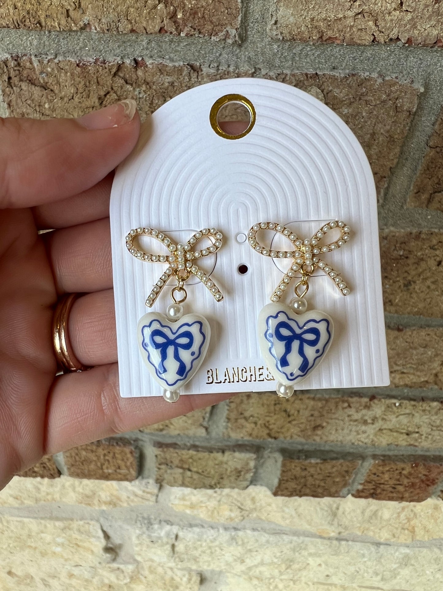 Gold Open Bow Stud with Blue and White Ceramic Heart Drop Earrings