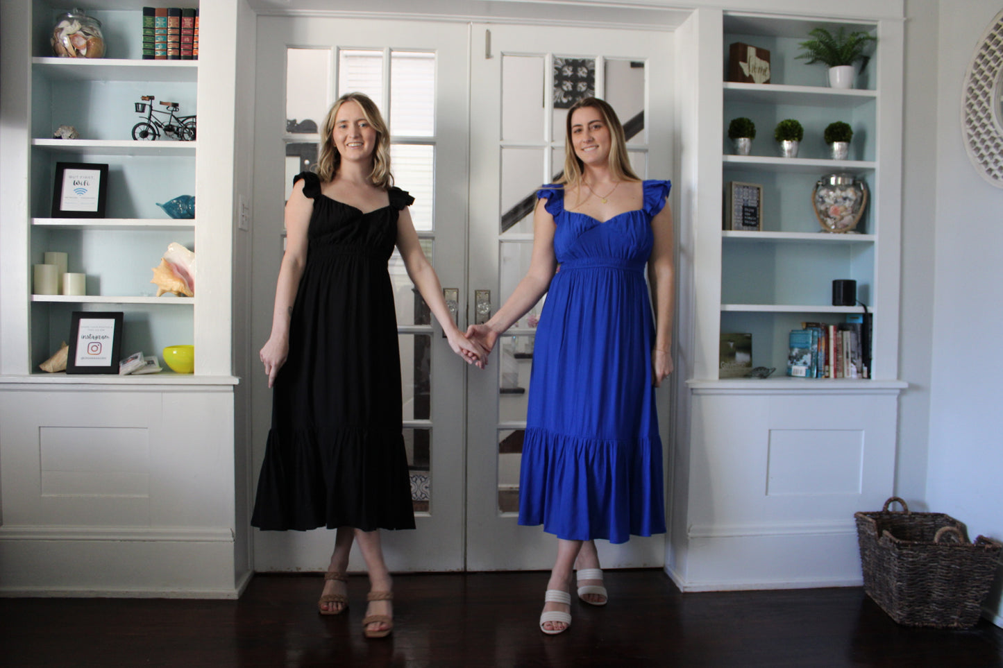Black Linen V-Neck Ruffle Midi Dress