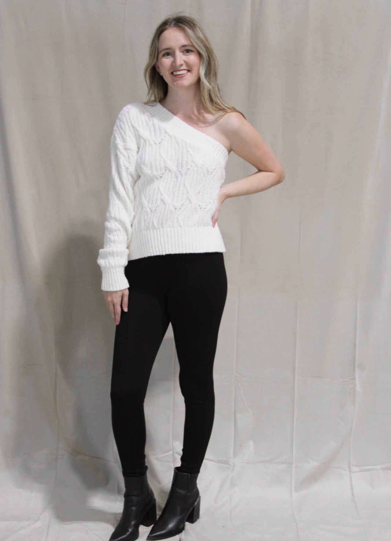 One Shoulder Cable Knit White Sweater