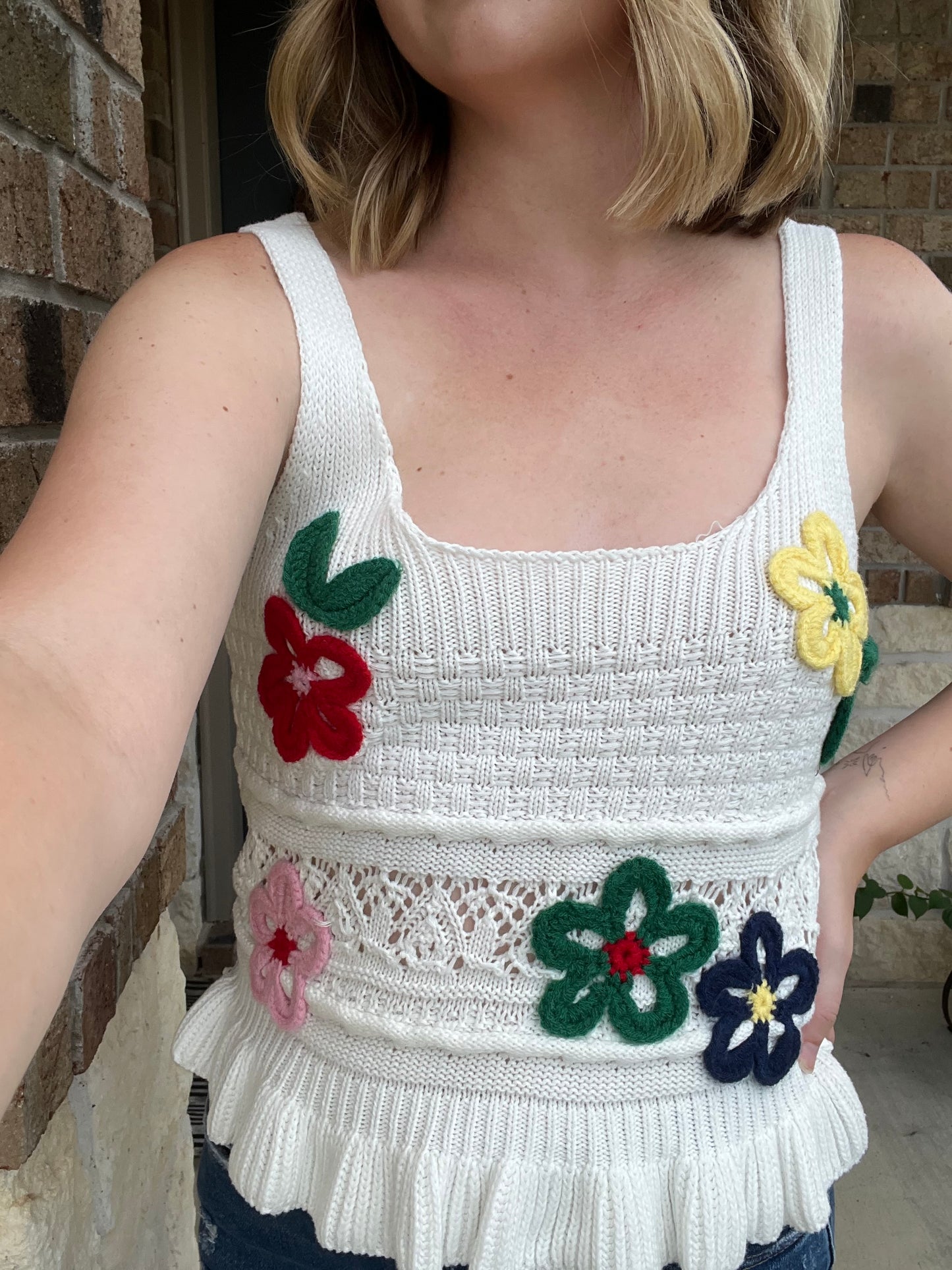 Ivory Embroidered Floral Scoop Neck Ruffle Hem Knit Top