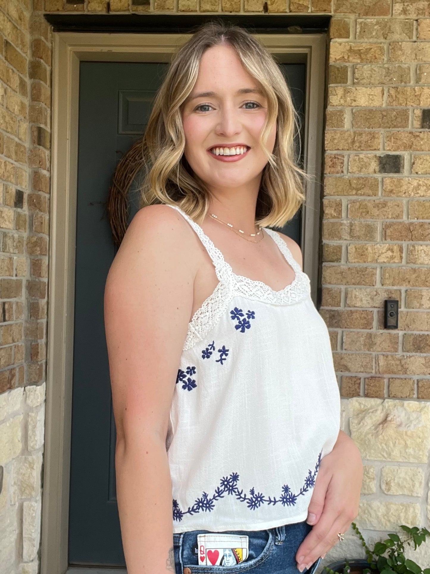 White Timeless Embroidered Lace Tank Top