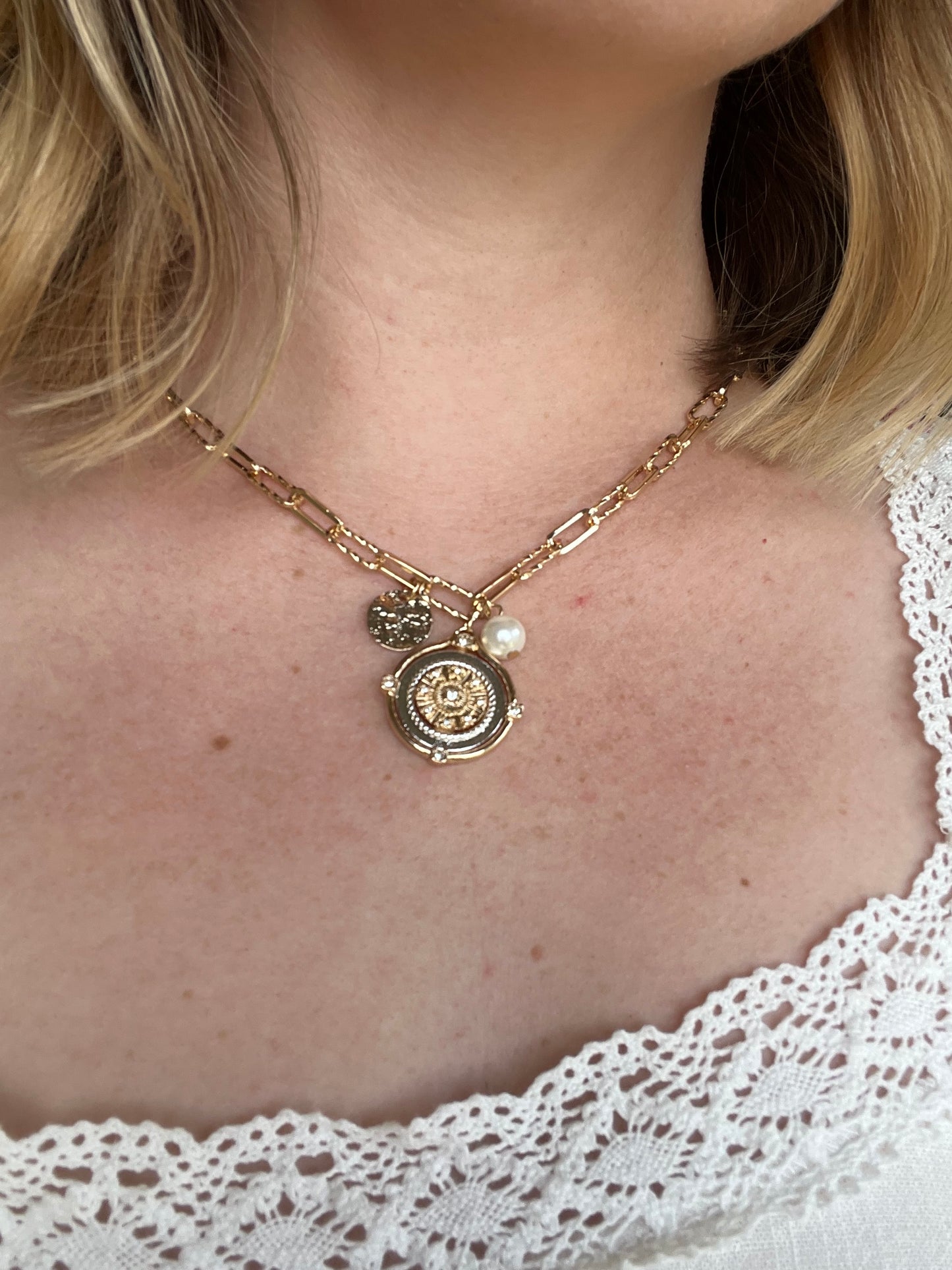 Gold Chain Necklace with Two Tone Coin and Pearl Charms