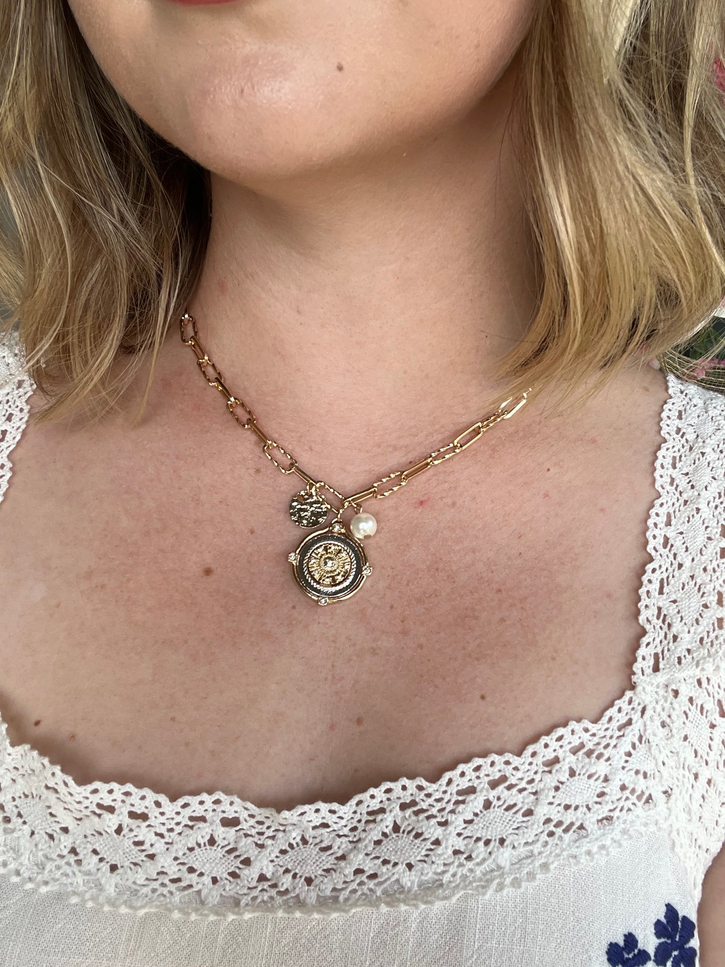 Gold Chain Necklace with Two Tone Coin and Pearl Charms