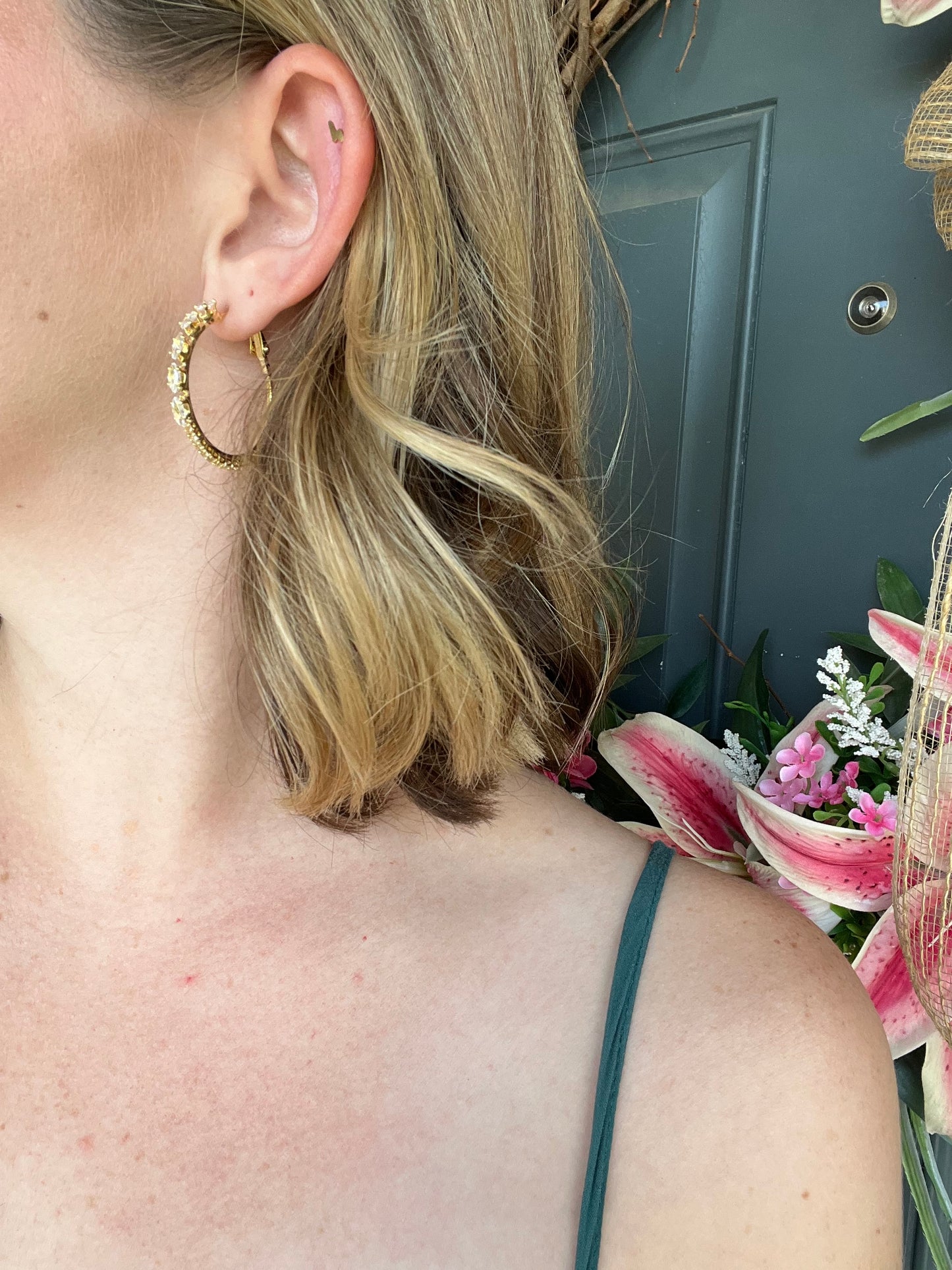 Medium Gold Hoops with Crystal