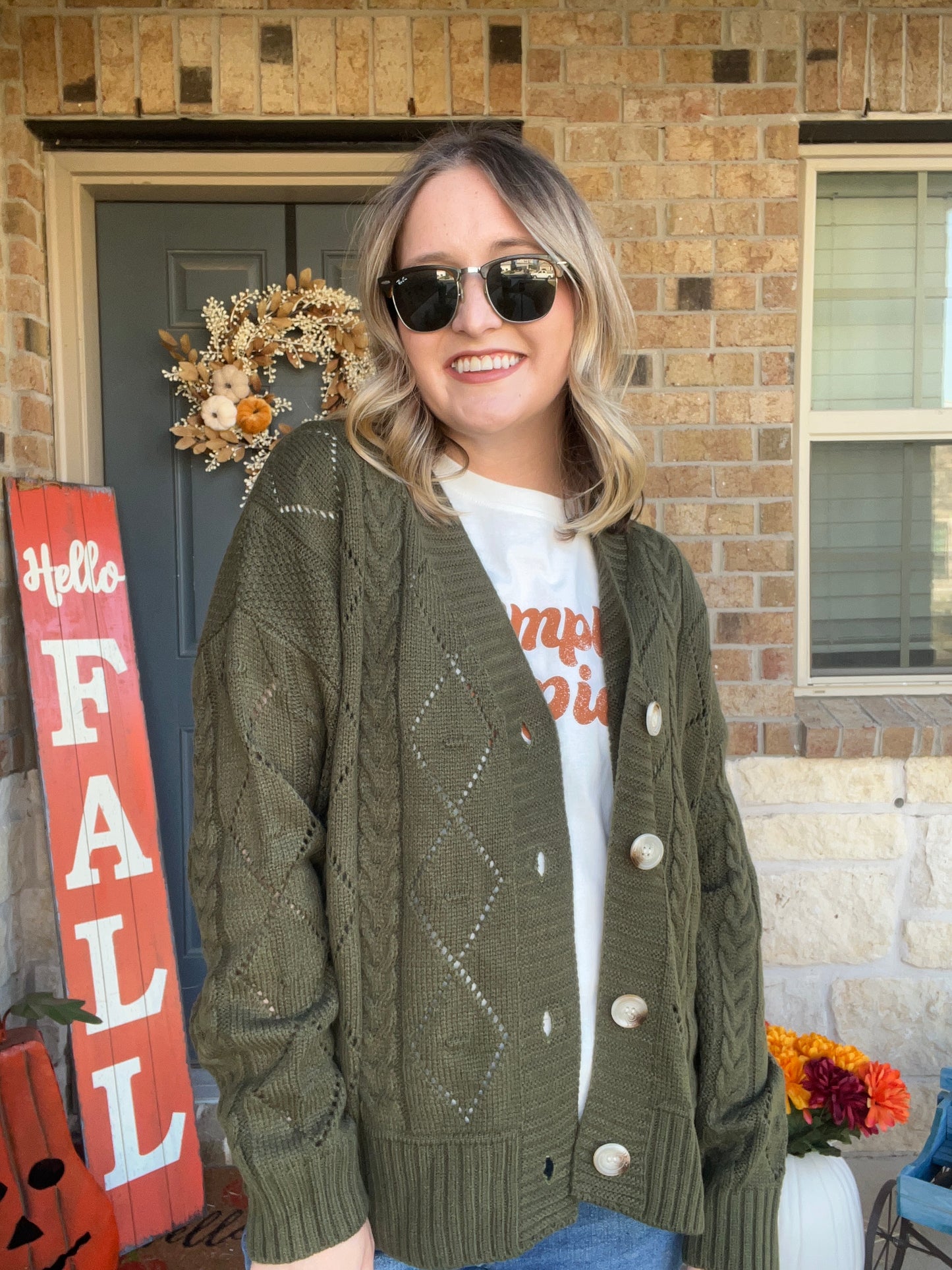 Olive Button Up Cable Knit Cardigan