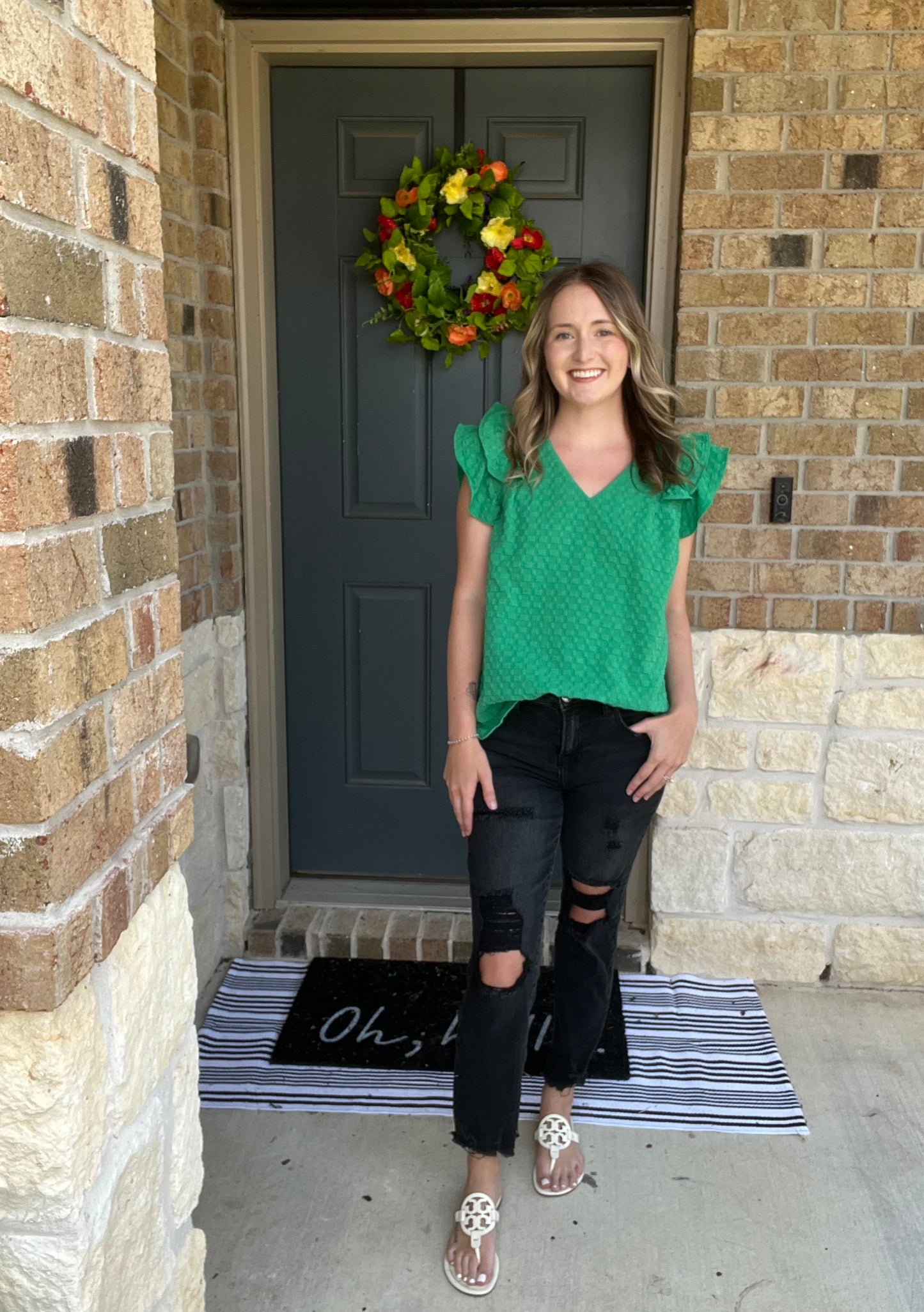 Kelly Green Checker Pattern Ruffle Sleeve Top
