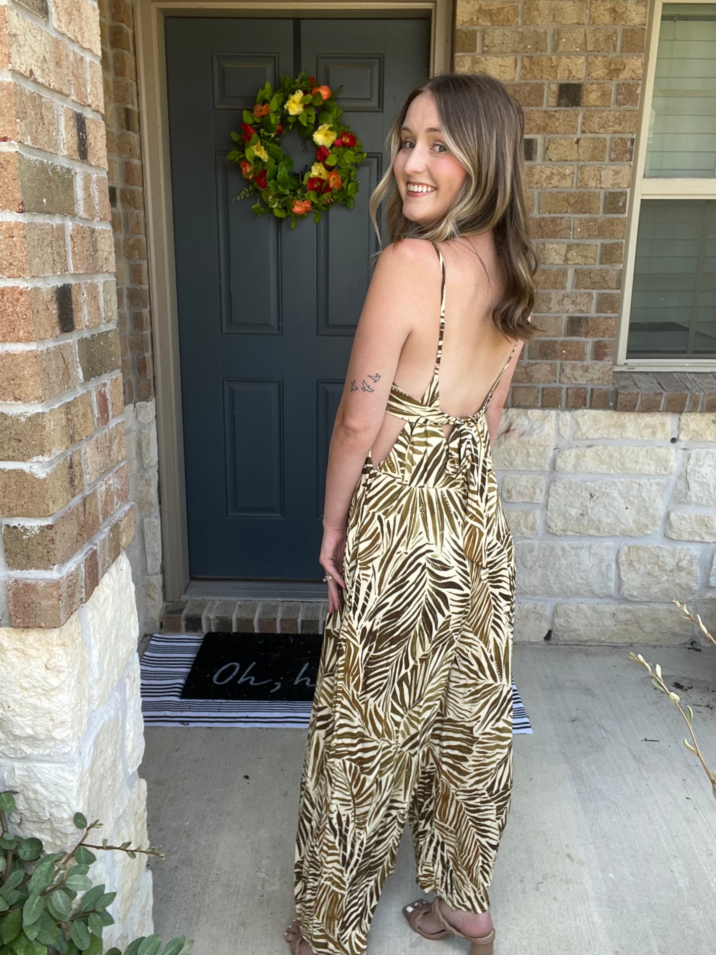 Tan Tropical Sleeveless Midi Jumpsuit