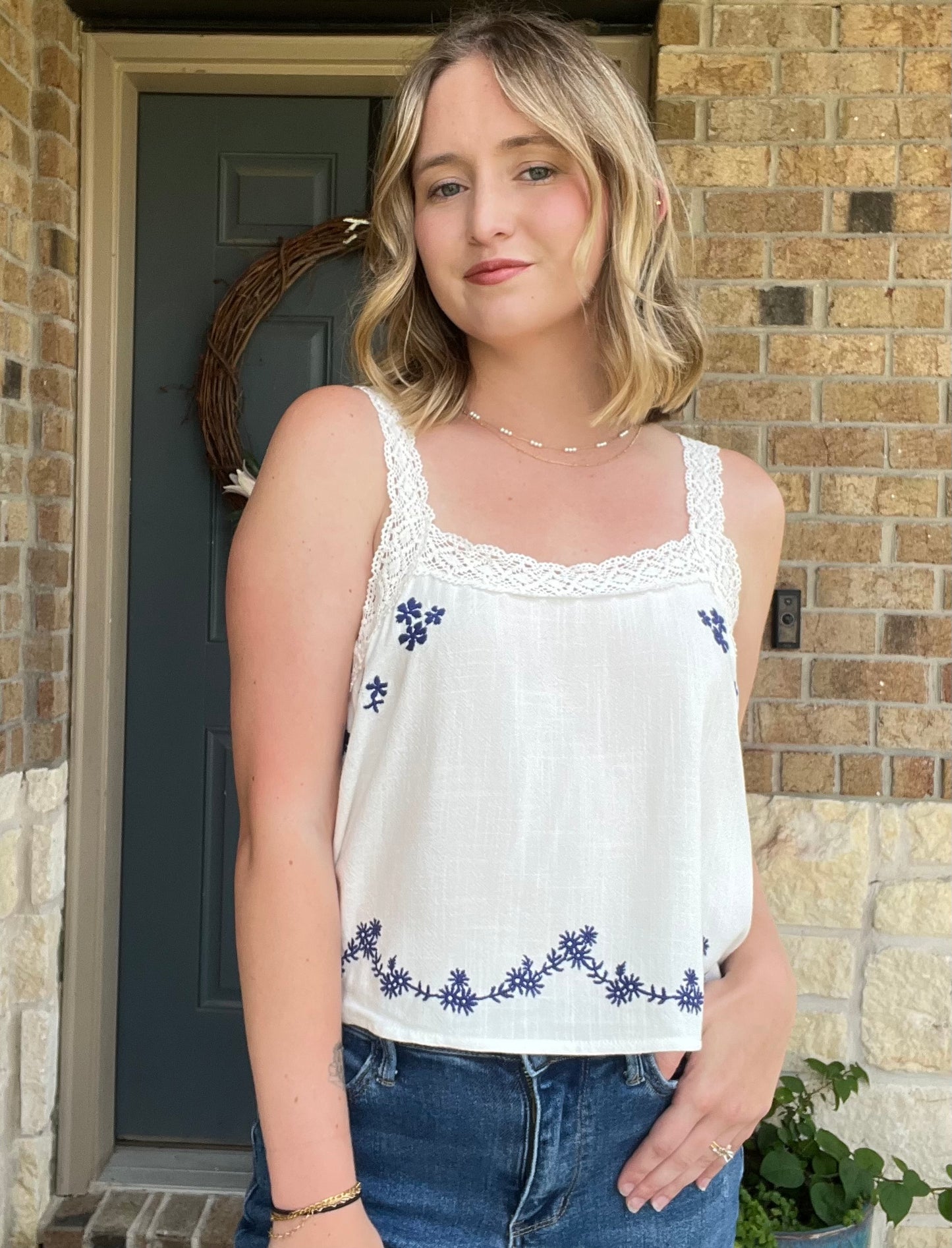 White Timeless Embroidered Lace Tank Top