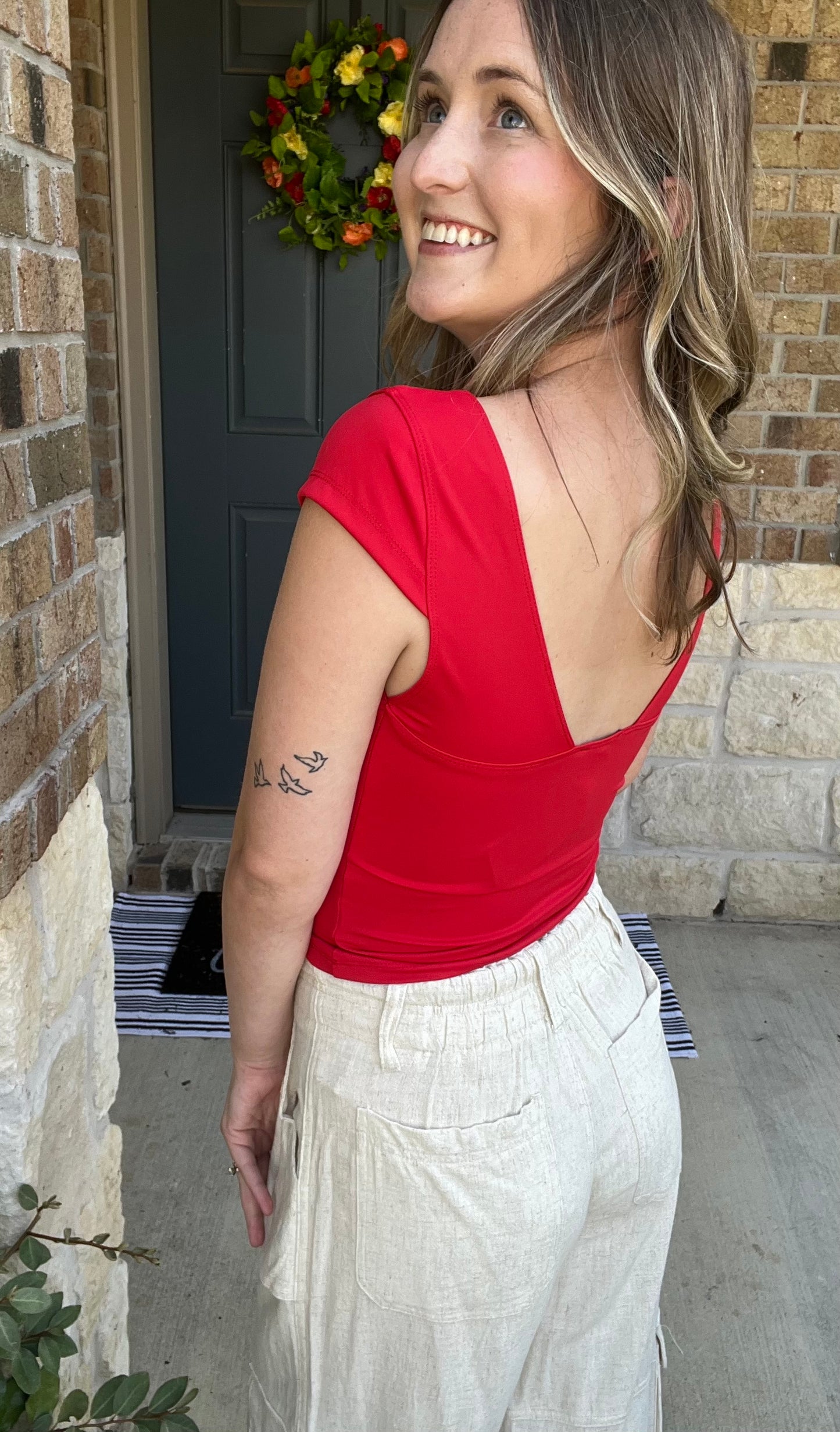 Red Alina Slim Fit V-Neck Top