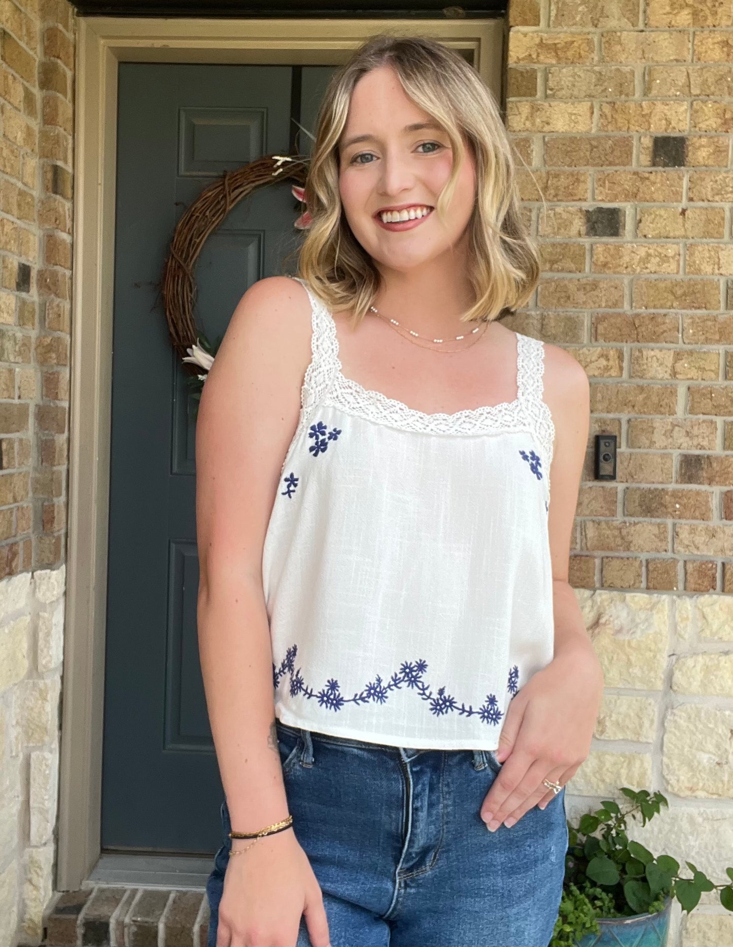 White Timeless Embroidered Lace Tank Top