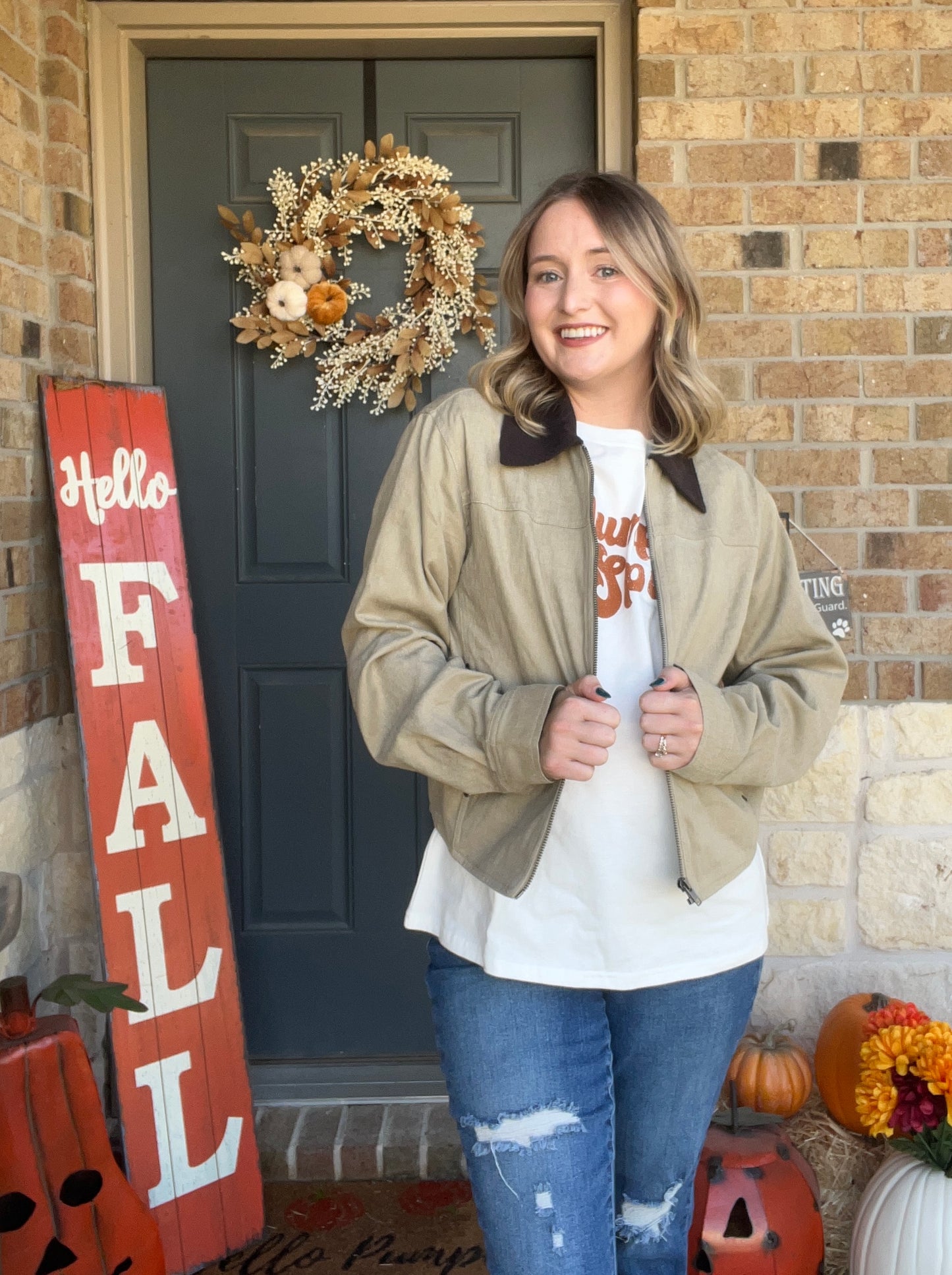 Khaki Corduroy Contrast Bomber Zip-up Jacket
