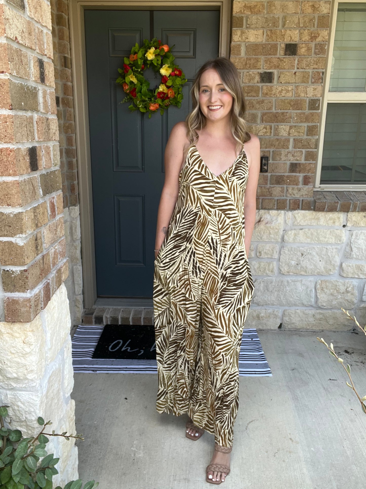 Tan Tropical Sleeveless Midi Jumpsuit