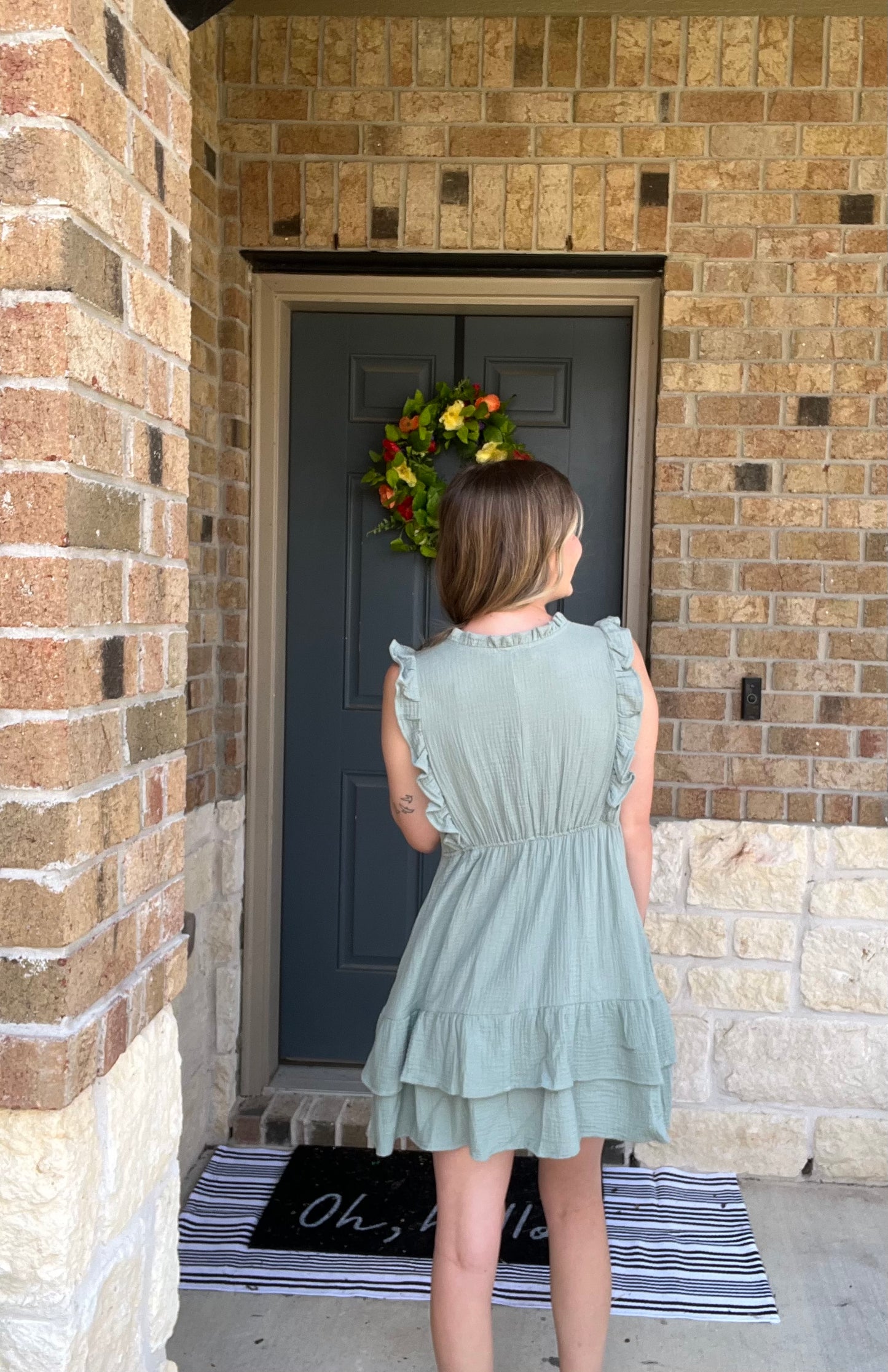 Sage Ruffle Cotton Sleeveless Dress