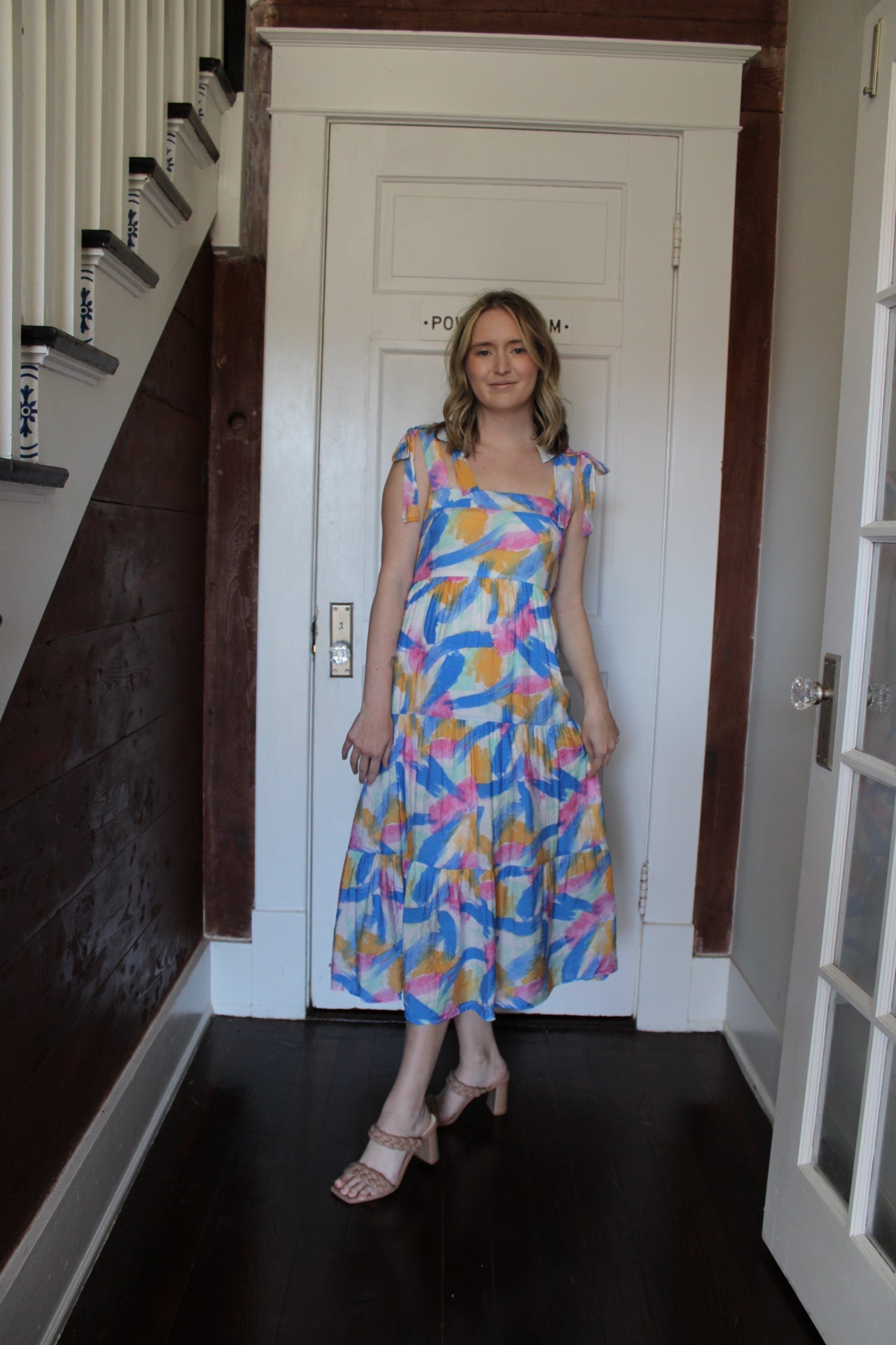Blue Brush Stroke Ruffle Sleeve Midi Dress